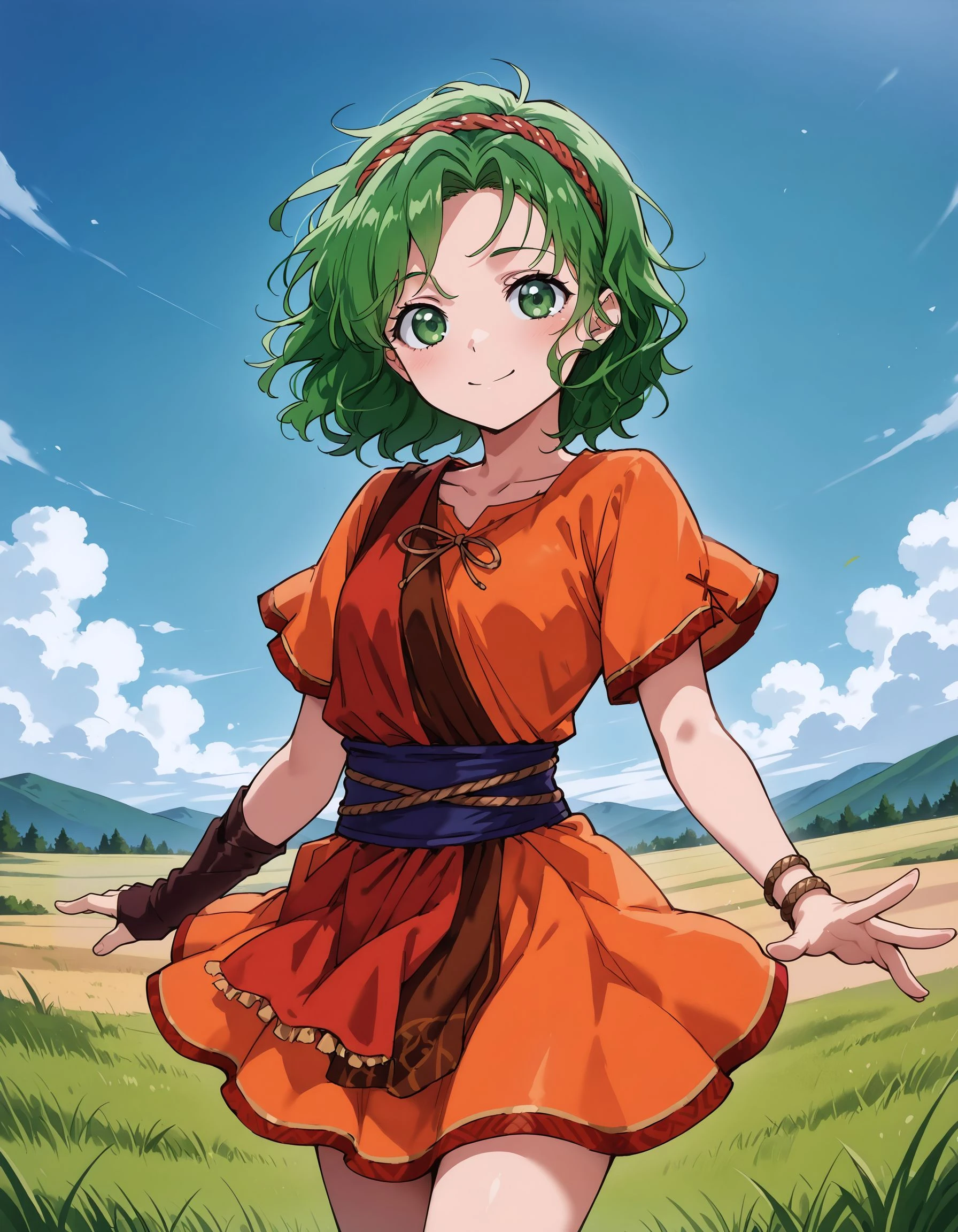 masterpiece,best_quality,1girl,solo,<lora:tina feh_illustriousXL:0.8>,tina feh,hairband,single glove,bracelet,red dress,sash,cowboy shot,standing,smile,grass,blue sky,looking at viewer,