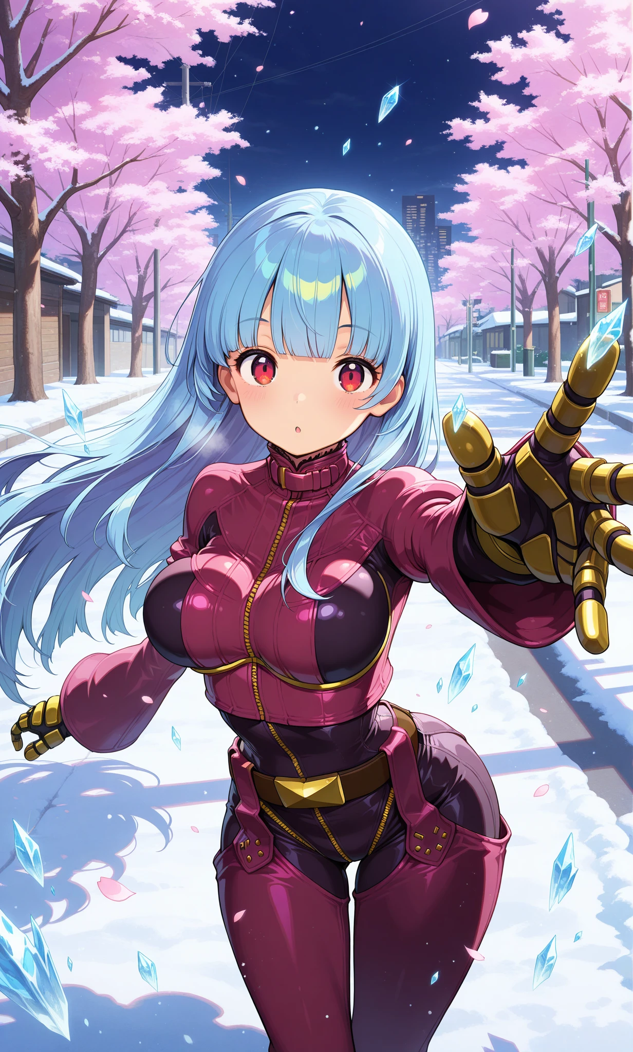 masterpiece, best quality, amazing quality, 1girl, solo, street, outdoors, cherry blossoms, cowboy shot, shiny skin, standing, looking at viewer, kula diamond, red eyes, blue hair, blunt bangs, long hair, armored gloves, chaps, zipper, belt, cropped jacket, leather jacket, pink jacket, pink bodysuit, multicolored jacket, multicolored bodysuit, frost, ice particles