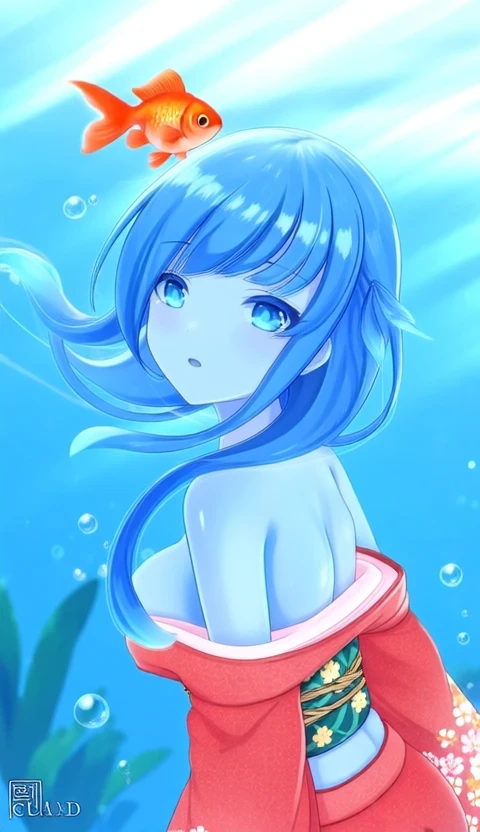 slime girl, goldfish, blue eyes, solo, blue skin, blue hair, looking at viewer, long hair, red kimono, fish print, hair censor, nsfw, medium breasts, water, afloat, open kimono, on back, yukata, sash, parted lips, twintails, live2d, animation, anime style,
masterpiece, best quality, very aesthetic