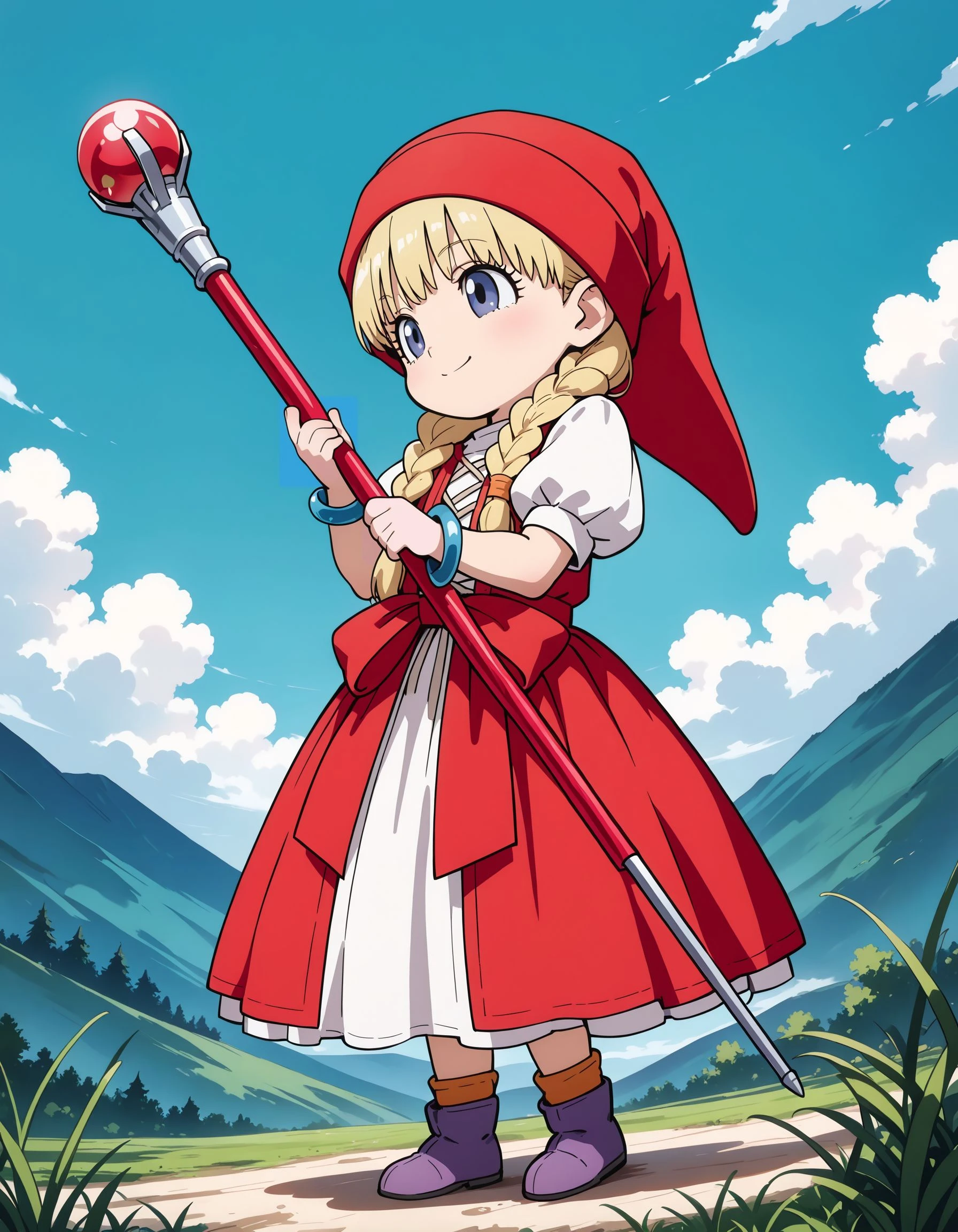 masterpiece,best_quality,1girl,solo,<lora:veronica dq11_illustriousXL:0.8>,veronica dq11,chibi,hat,dress,bracelet,socks,boots,full body,standing,smile,grass,blue sky,holding wand,