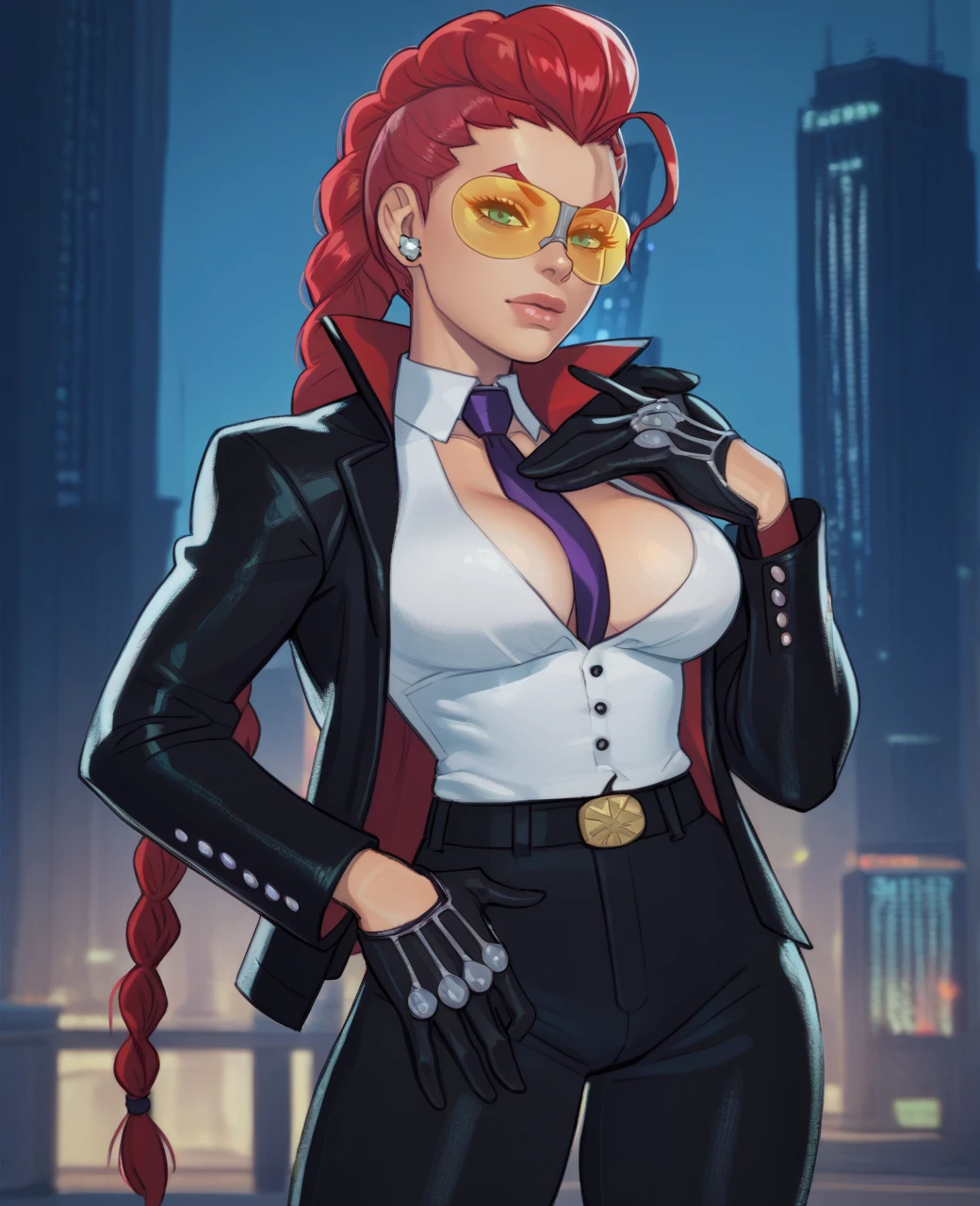 (masterpiece, best quality, high resolution),cowboy shot, 1girl, cviperms, breasts, sunglasses, necktie, gloves, necktie between breasts, cleavage, crop top, midriff, tinted eyewear, pants, <lora:CViper:1>