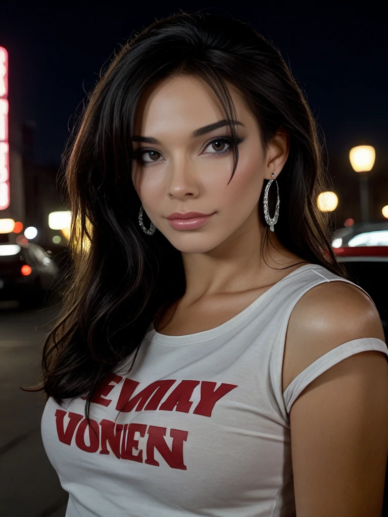 face focused, nighttime photography, neon lights, reflective streets, movie still, ultra detailed, portrait, BREAK Vaniity, van11ty, <lora:Van11ty-pony:1>, 1girl, solo, portrait, makeup, lips, long hair, dark hair, vintage aesthetic, shirt, solo, looking at viewer, bokeh, focus, film, velvia, film grain, best quality, photograph, focus, earring, city streets