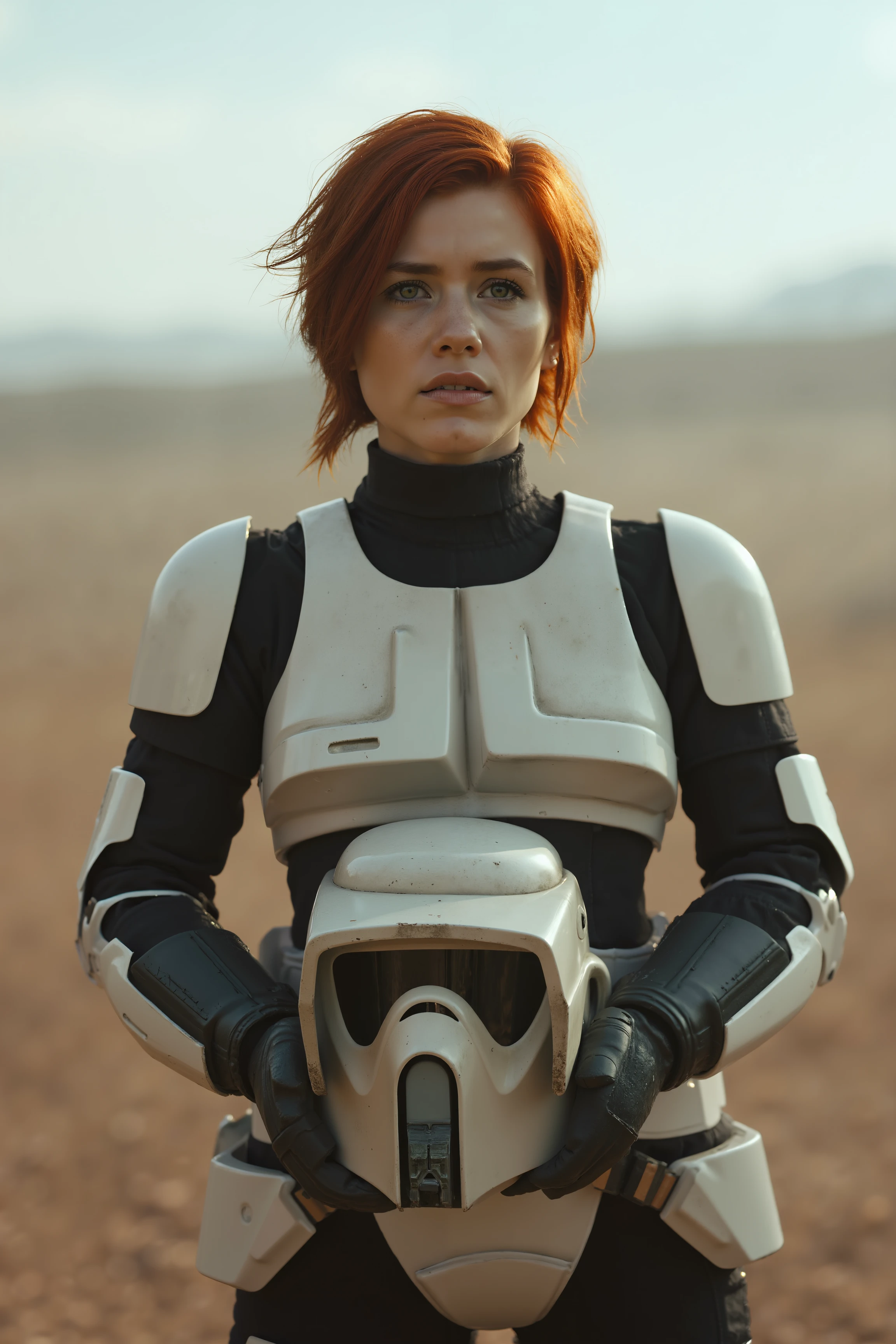 a woman with nice face and red hair in scouttrooper armor holding scouttrooper helmet in her hands, while standing alone on a battlefield<lora:SCOUTTROOPER_FLUX>
