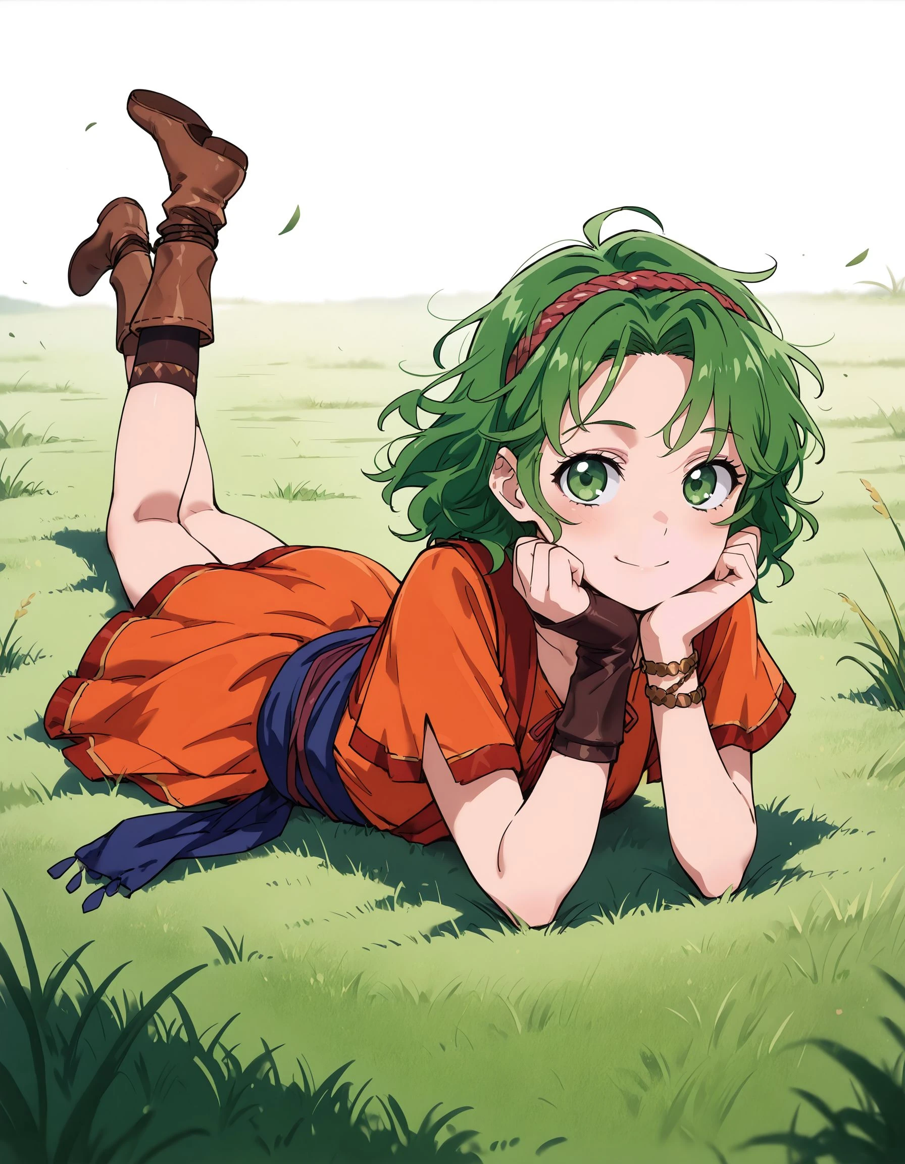 masterpiece,best_quality,1girl,solo,<lora:tina feh_illustriousXL:0.8>,tina feh,hairband,single glove,bracelet,red dress,sash,socks,boots,full body,lying,on stomach,on grass,smile,hands on own chin,leg up,looking at viewer,