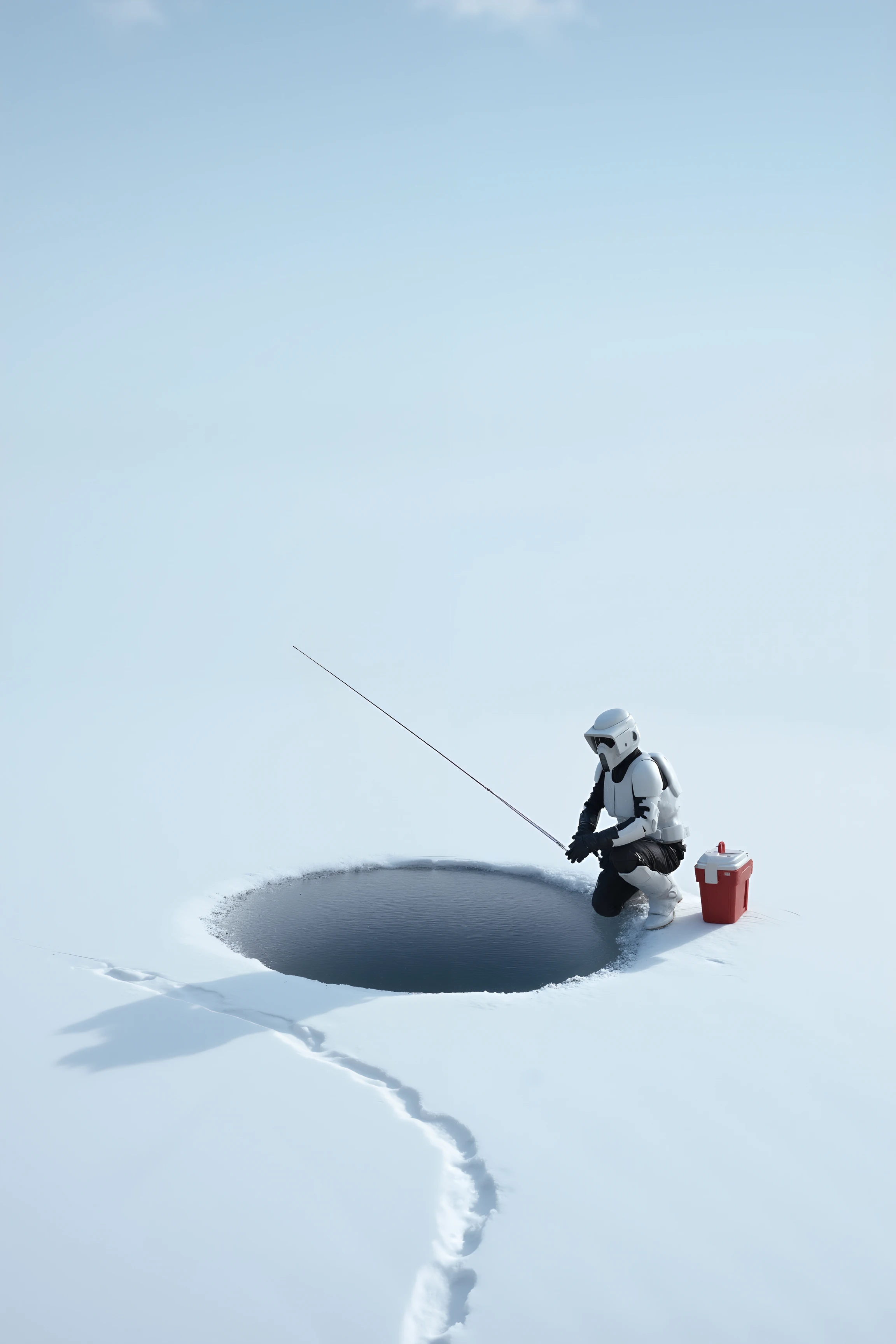 A scout trooper sits hunched over a small fishing hole in the middle of a vast frozen lake, holding a simple fishing rod. His white armor blends almost seamlessly with the endless snowy landscape, aside from a bright red cooler resting beside him. His posture suggests quiet patience as he waits for a bite, while his visor reflects the icy water below. The only other sign of life is a single set of footprints leading up to his lonely fishing spot.<lora:SCOUTTROOPER_FLUX>