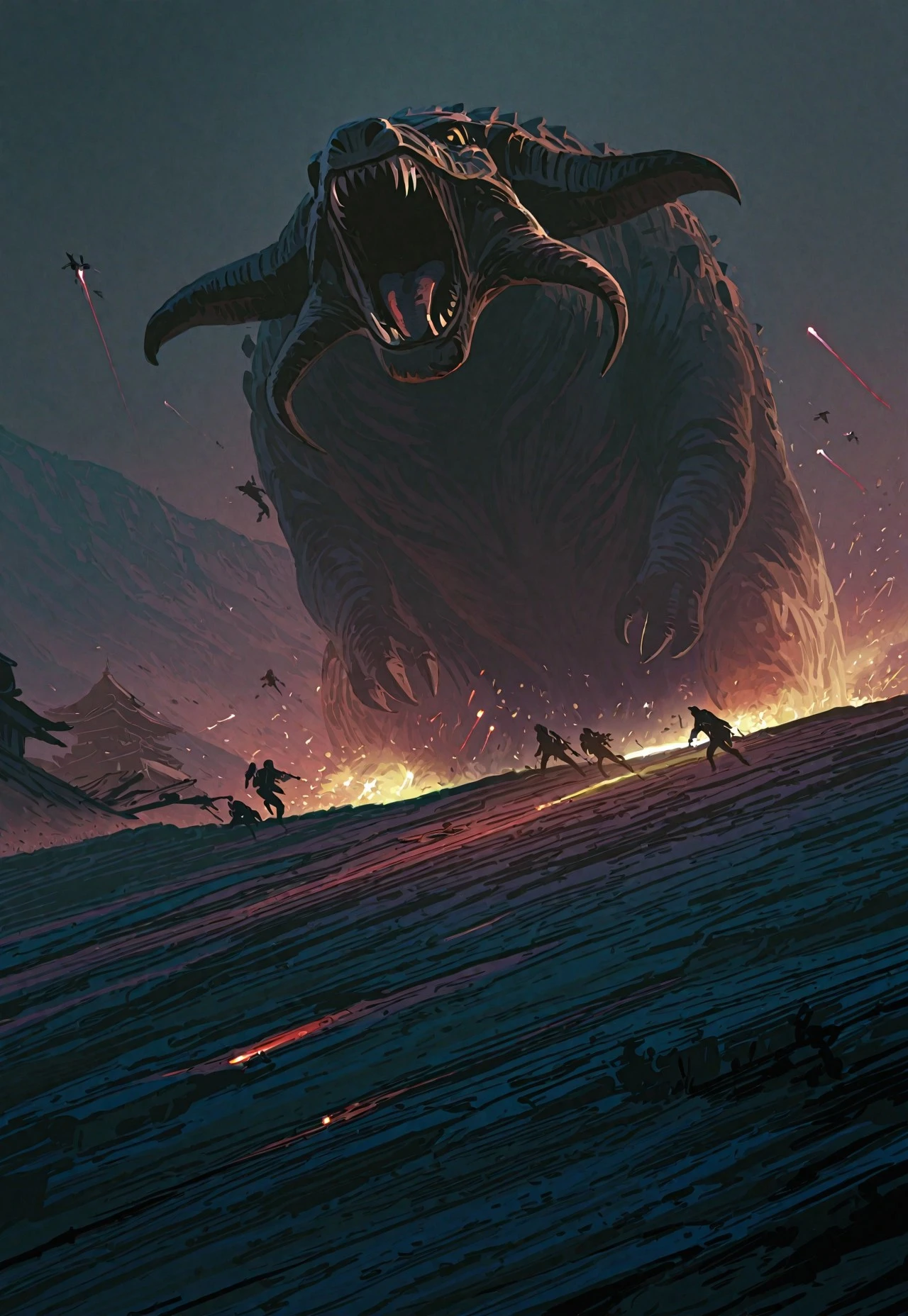 1monster, alien, rancor, giant, angry, mouth open, sharp teeth, roaring,
BREAK
multiple others, mandalorian armor, blaster, rifle, firing, jetpack, mid-air, flying, shooting, laser,
BREAK
outdoors, japanese architecture in the background, distant fires, ash and embers floating in the air,
BREAK
(safe_pos, fine texture, masterpiece, ultra-detailed, very aesthetic, absurdres, volumetric lighting, scenery), SWD+,
BREAK.