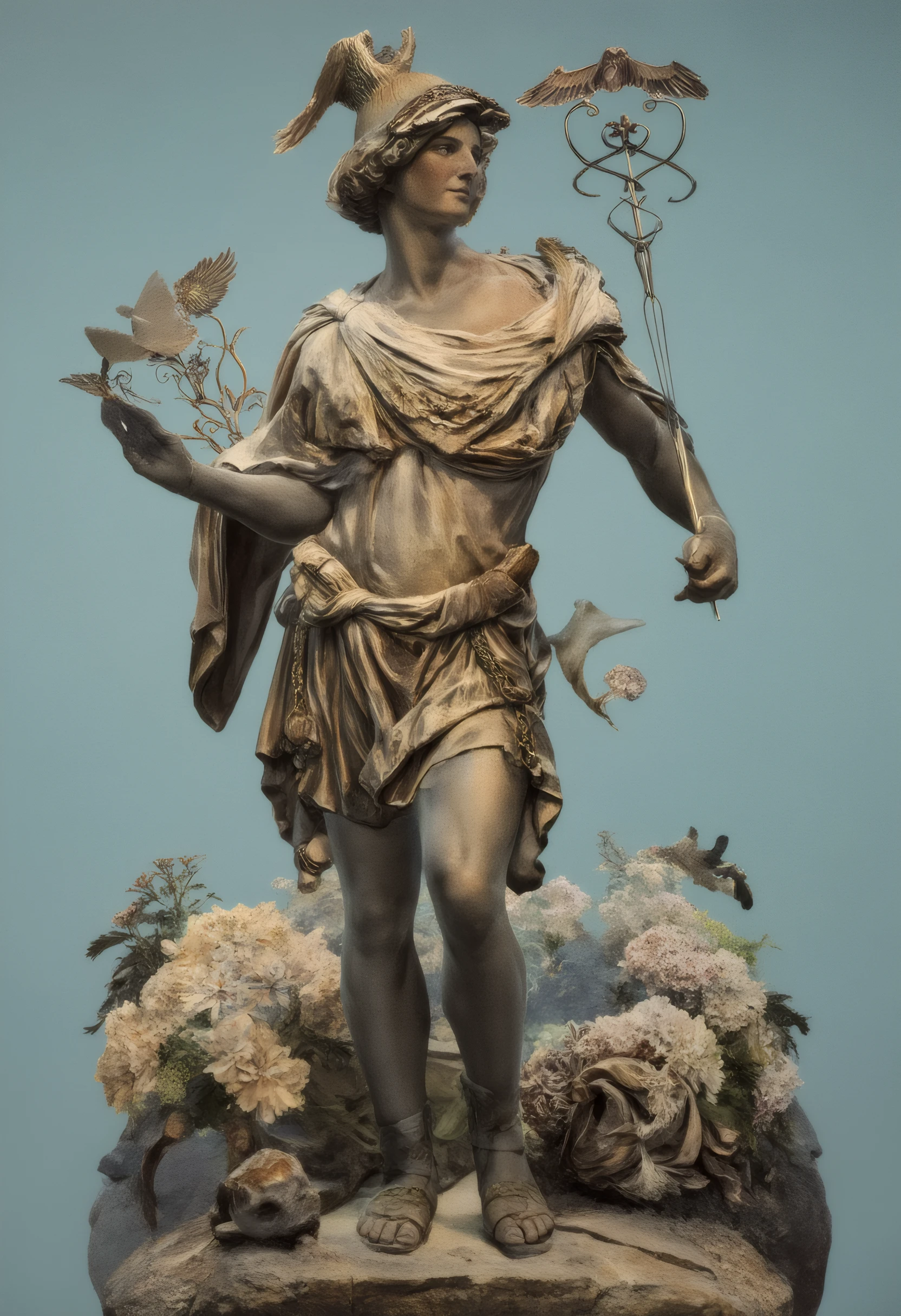 marble statue of the god Apollo, overgrown with wild flowers 🌺 roses 🌹 and greenery, gorgeous nature. High contrast. Watercolor, surrealism, gorgeous magical clouds in the sky, by Jacob van ruisdael,