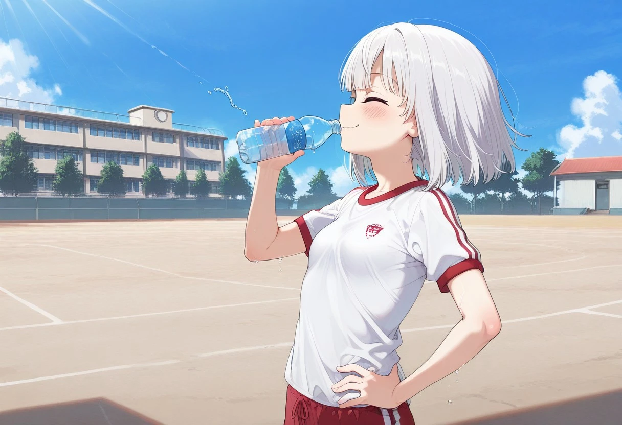 great quality,1girl,solo,ENStyle,,(almic,akakura,ogipote,dikko:0.9), (sincos:0.8),vivid,schoolyard, (white school building:1.2),soil ground,day,blue sky , ,sun beam,white shirt, sportswear, (red gym shorts:0.8), white hair,silver hair,medium hairsummer,upper body, closed eyes,looking away,smile ,summer ,scenery ,,hands on hip,window,(tree:0.7),light brown ground,small breasts,flat chest ,drinking bottle water,holding bottle, water splash,from side, profile