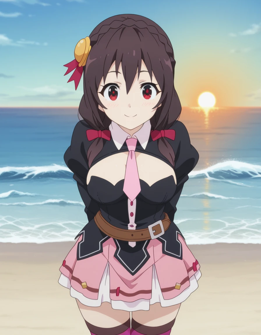 masterpiece, best quality, amazing quality,, <lora:konosuba-yunyun-s2-illustriousxl-lora-nochekaiser:1>, yunyun, black hair, hair ornament, red eyes, bow, braid, crown braid, mature female, breasts, anime screencap, skirt, thighhighs, long sleeves, necktie, belt, clothing cutout, cleavage cutout, pink skirt, pink necktie,, beach, sand, waves, sun, ocean, smile, hands behind back, bent over, looking at viewer, solo,, cowboy shot, solo