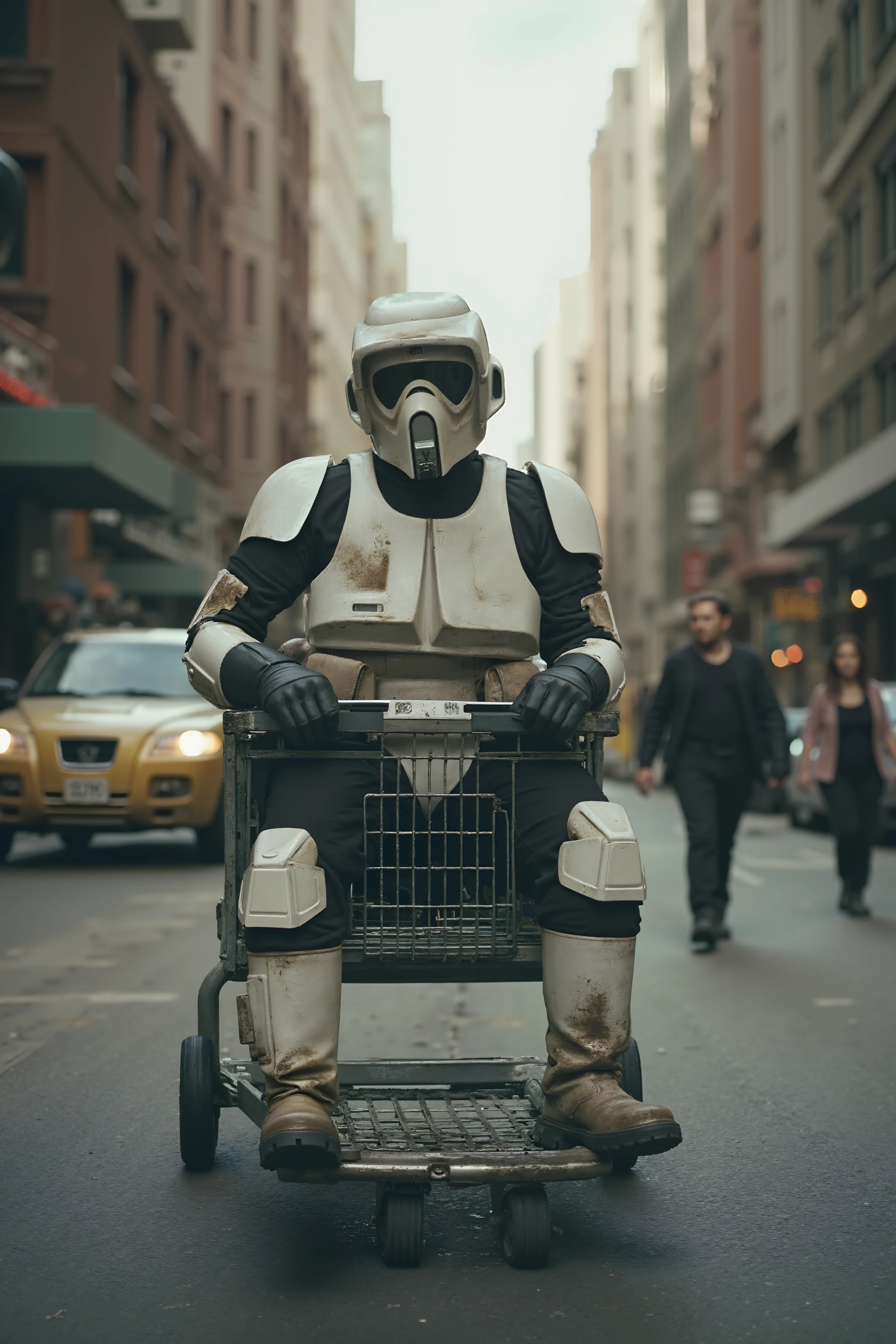 A scout trooper sits inside a runaway shopping cart, gripping the metal edges as it speeds down a steep urban street. His boots are awkwardly propped up on the front of the cart, while one wheel wobbles dangerously. The city blurs past in the background, with pedestrians turning to watch in shock. His visor reflects the downhill chaos ahead, where traffic and obstacles wait. <lora:SCOUTTROOPER_FLUX>