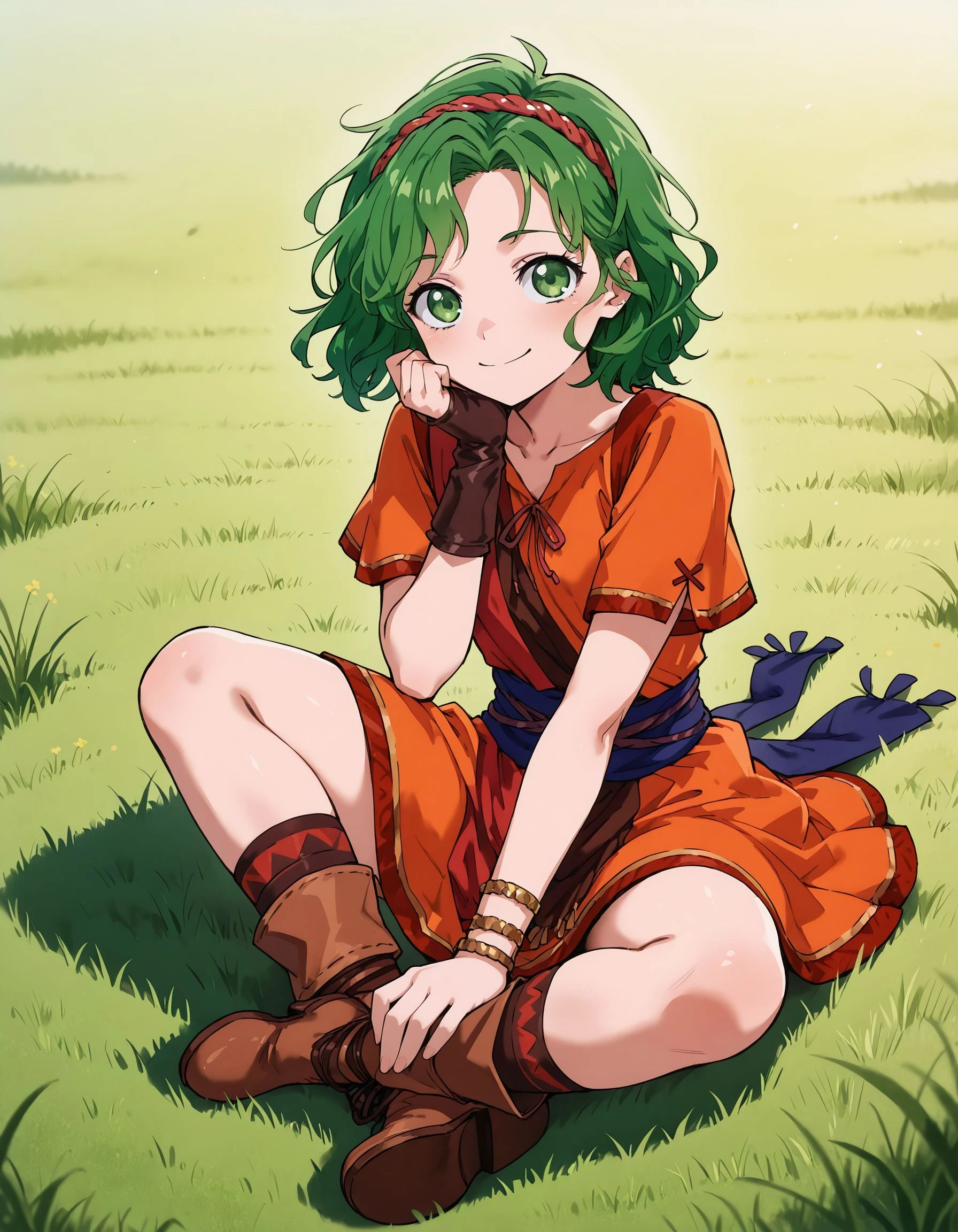 masterpiece,best_quality,1girl,solo,<lora:tina feh_illustriousXL:0.8>,tina feh,hairband,single glove,bracelet,red dress,sash,socks,boots,full body,sitting,on grass,smile,hand on own chin,hand on own knee,looking at viewer,