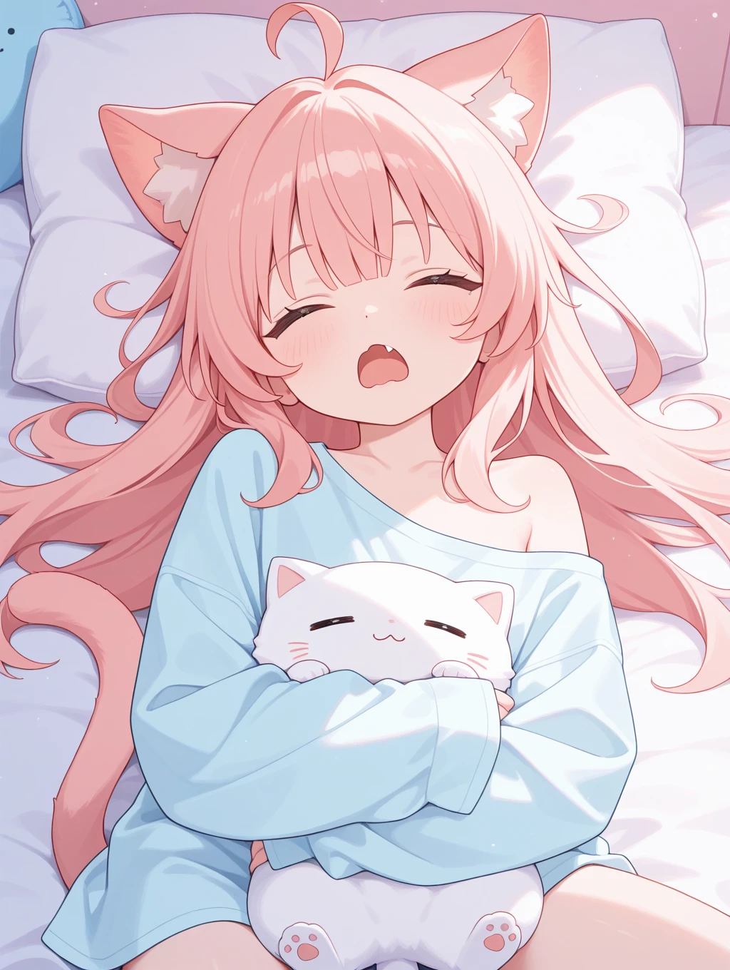 1girl,cute face,cat_ears,cat_tail,oversized_clothes,single_bare_shoulder,yawning,fang,wavy_mouth,hugging pillow,(pastel colors:1.3), masterpiece,best quality,amazing quality,very aesthetic,absurdres,newest,