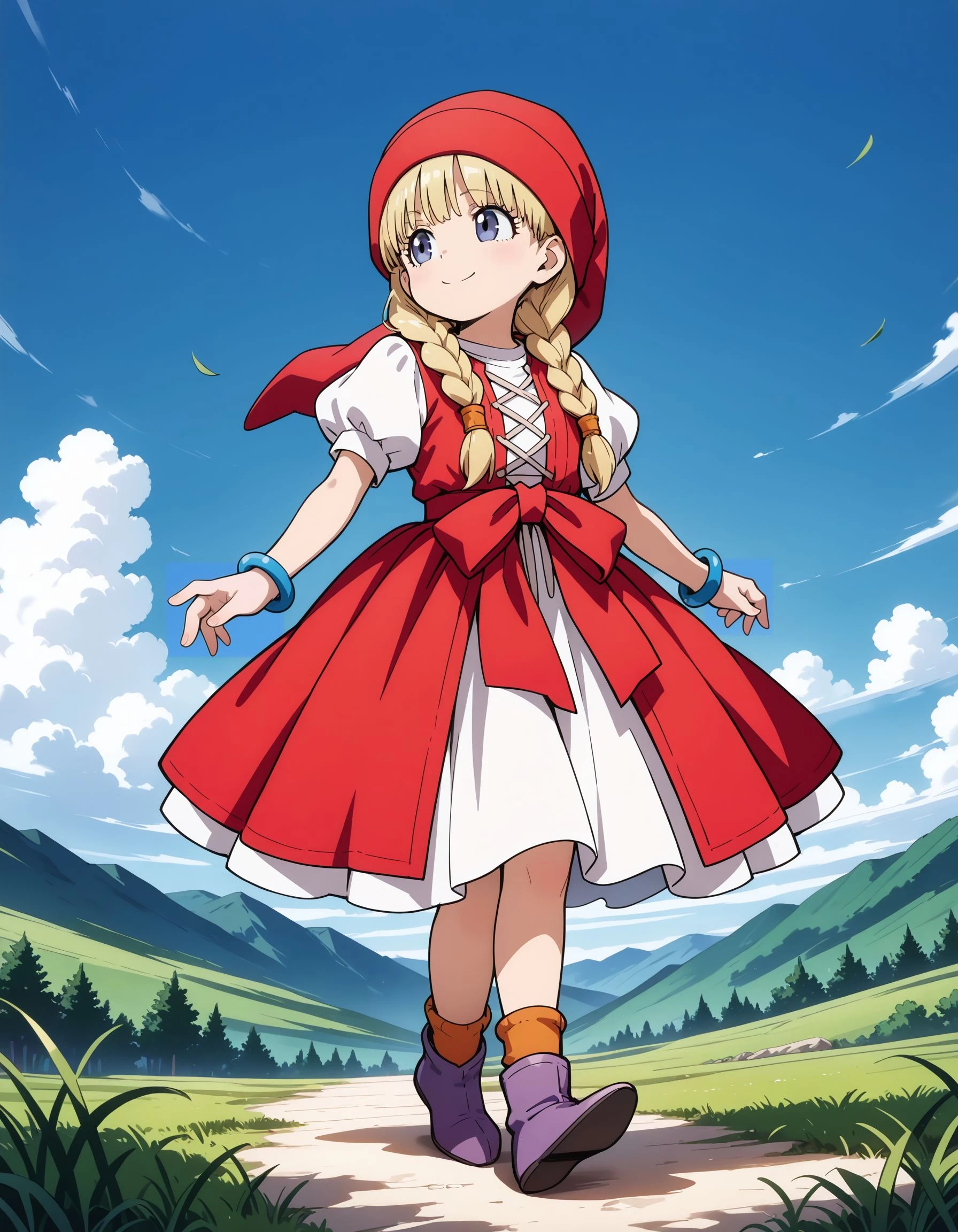 masterpiece,best_quality,1girl,solo,<lora:veronica dq11_illustriousXL:0.8>,veronica dq11,hat,dress,bracelet,socks,boots,full body,walking,smile,grass,blue sky