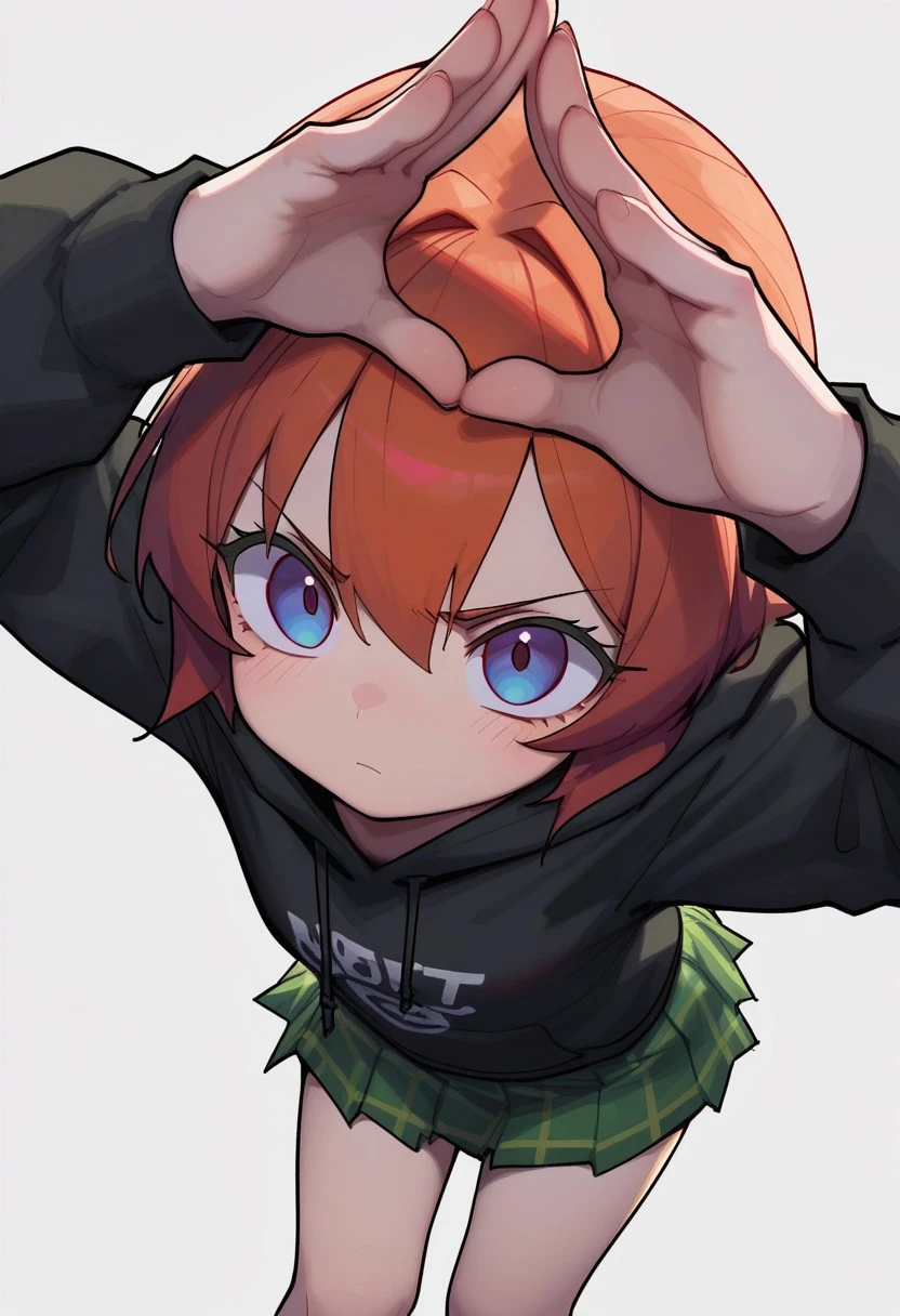 CuteToon_ST, masterpiece, best quality, very aesthetic, high resolution, ultra-detailed, absurdres, newest, detailed eyes, beautiful, perfect lighting, hi res, amazing quality, very awa, painting_(artwork), dynamic lighting, dynamic angle, dynamic pose, cinematic, gorgeous, 1girl, simple background, plaid skirt, looking at viewer, black hoodie, pleated skirt, grey background, long sleeves, hood down, green skirt, closed mouth, miniskirt