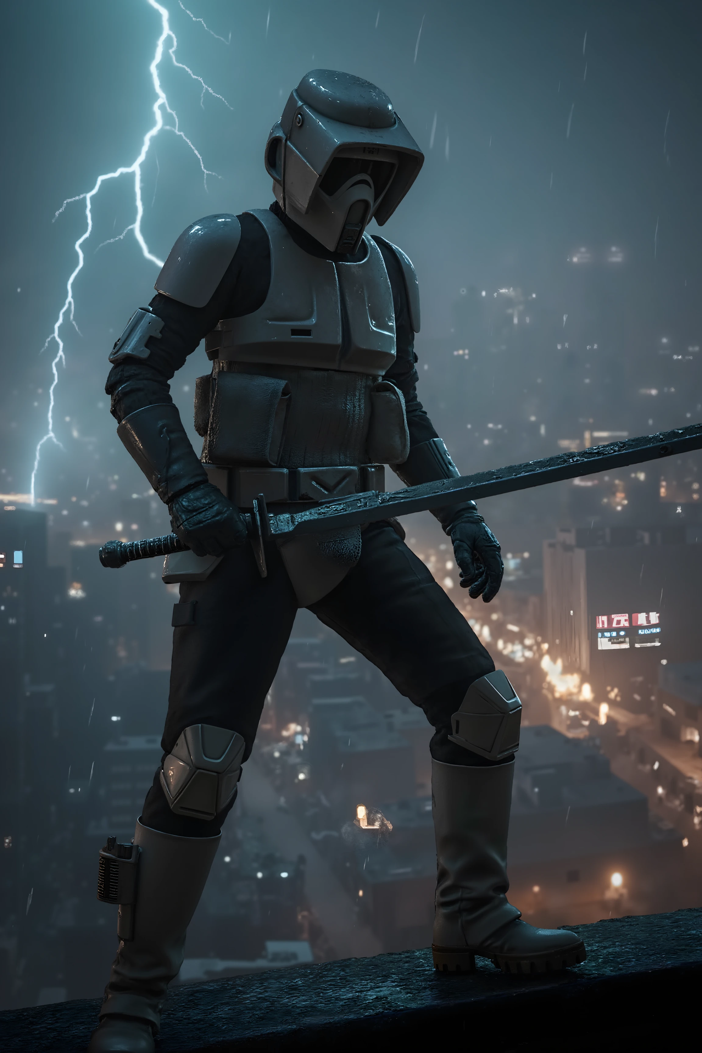 A scout trooper stands on the edge of a slanted rooftop, gripping a long, gleaming sword in both hands. His soaked armor glistens under flashes of lightning, rainwater streaming down his visor. The city below is dark and sprawling, with distant torches and neon signs casting flickering lights. His stance is steady, ready for the next strike, while his visor reflects the silhouette of an unseen opponent. <lora:SCOUTTROOPER_FLUX>