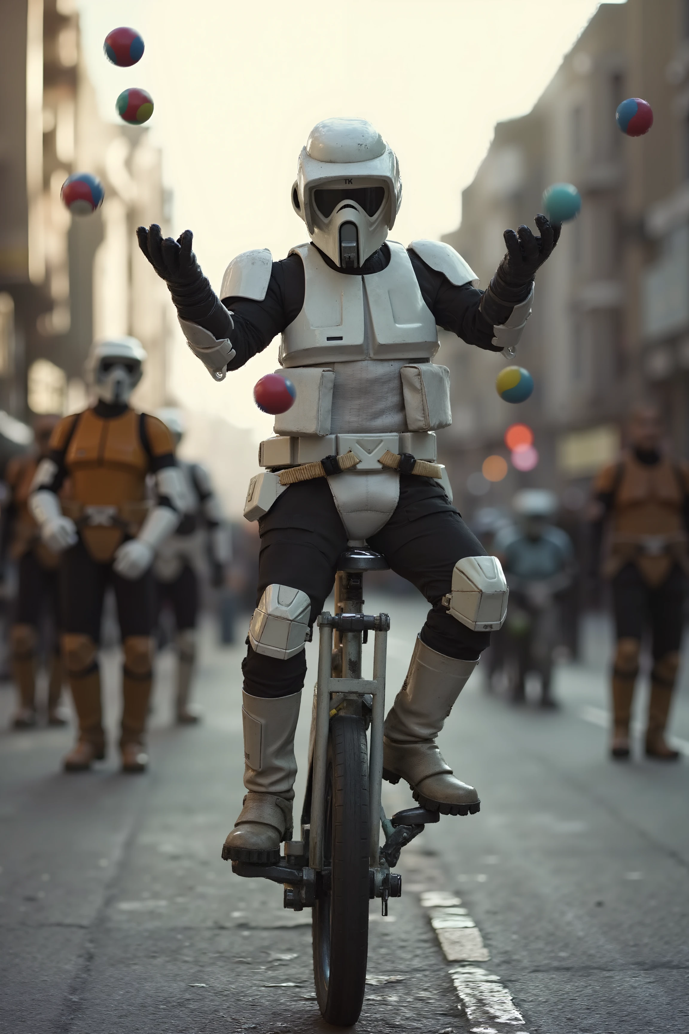 A scout trooper wobbles atop a unicycle in the middle of a bustling street, his armored hands tossing colorful juggling balls into the air. His movements appear clumsy, one foot awkwardly extended as he tries to maintain balance. The busy city around him is filled with onlookers, some pausing mid-stride to watch. His glossy helmet reflects the spinning motion of the objects flying through the air.<lora:SCOUTTROOPER_FLUX>