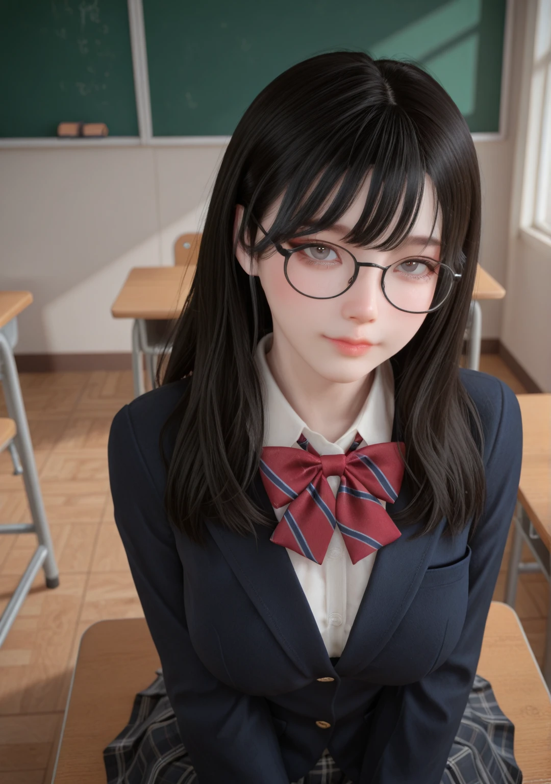masterpiece,very awa,best quality,amazing quality,very aesthetic,absurdres,newest,intricate details,
1girl,<lora:vamstyle:1>,vamstyle,looking at viewer,classroom,glasses,school uniform,sitting on school chair,hands on school desk,The desk is in front of the person,