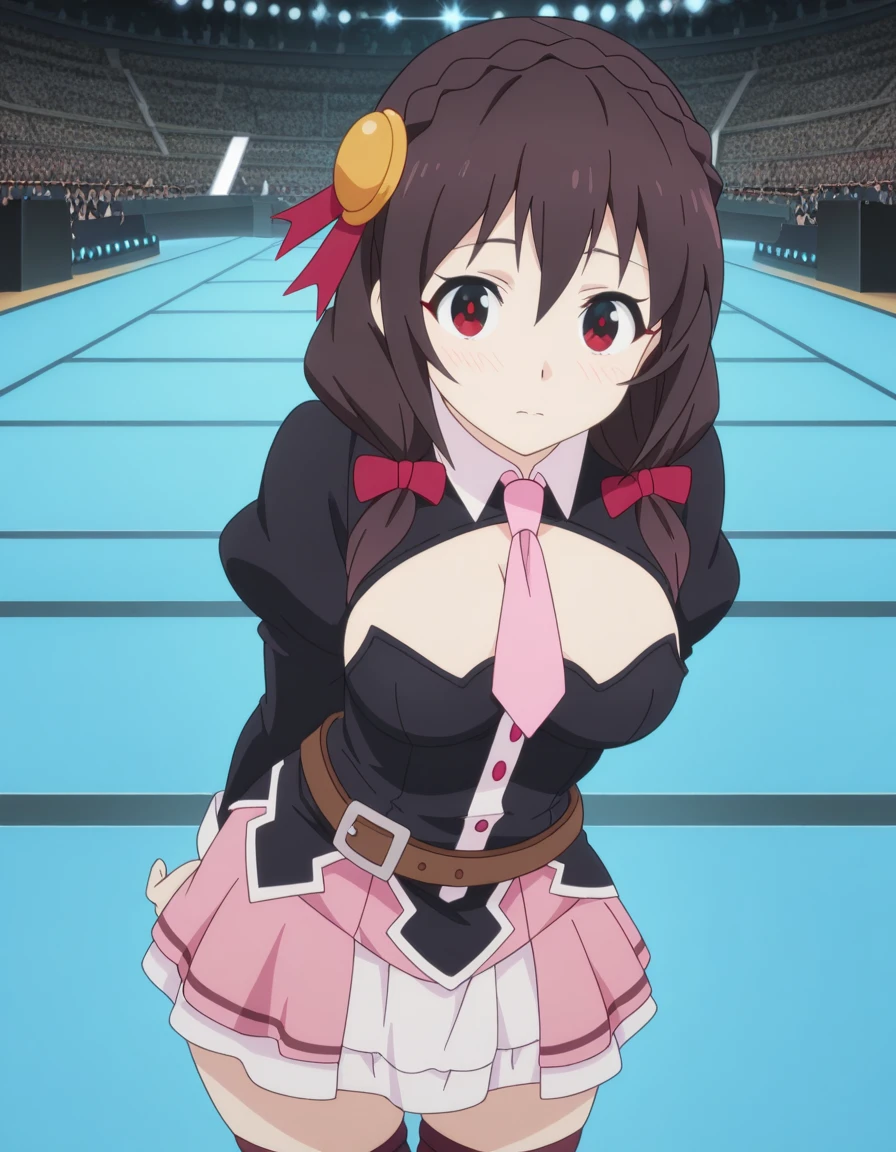 alone, One girl, Yunyun, (A very happy smile:1.8)、 (blush:1.8)、Crown braids of the same color as your hair, Red Eyes、hair ornaments, Hair Ribbon, Pink tie, Long sleeve, Pink Skirt, Knee socks, Cleavage,  Poolside、(The sky is evening)