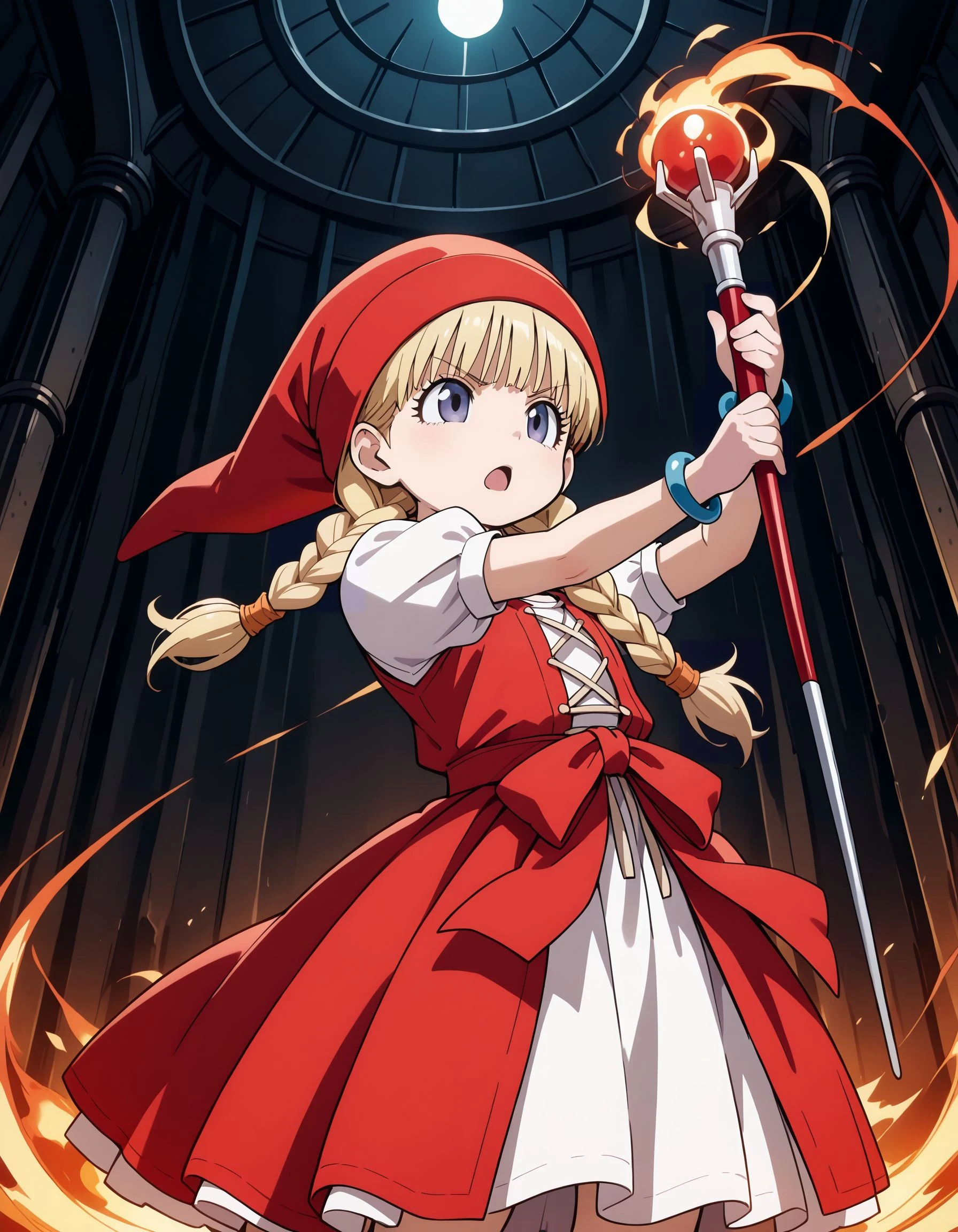 masterpiece,best_quality,1girl,solo,<lora:veronica dq11_illustriousXL:0.8>,veronica dq11,chibi,hat,dress,bracelet,cowboy shot,standing,serious,open mouth,holding wand,fire magic,magic effect