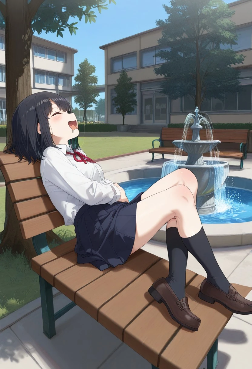great quality,1girl,solo,ENStyle,,(almic,akakura,ogipote,dikko:0.9), (sincos:0.8),,school courtyard,brown bench,(white school building:1.2), 1girl,solo,black hair,medium hair,sleeping,1girl lying on bench,legs,tree,grass,while shirt,dark blue skirt,laying on back, closed eyes, black socks,loafers,window,fountai,water splash from fountain,open mouth, drooling, saliva trail, laughing