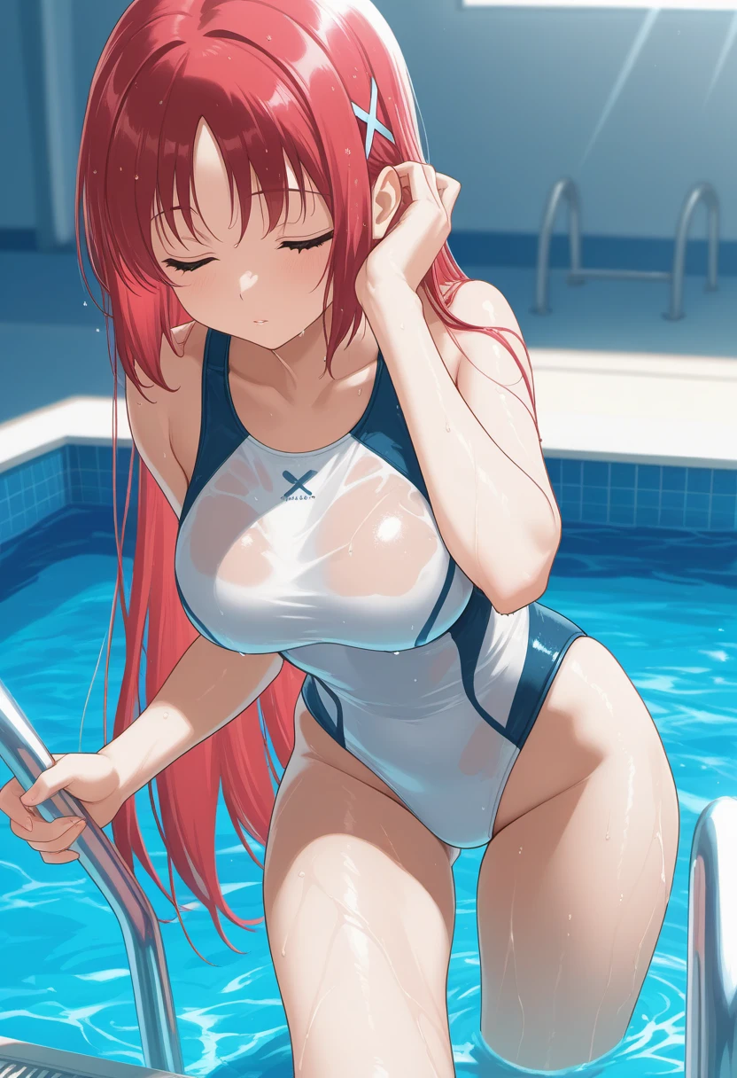 best quality, insanely detailed, nino nakano, one piece swimsuit, Bukkake, suspension, Suppressed, breasts, blush, Spread legs, swimming pool, back style