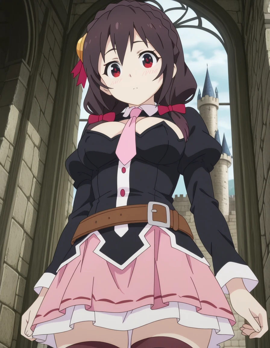 masterpiece, best quality, amazing quality,, <lora:konosuba-yunyun-s2-illustriousxl-lora-nochekaiser:1>, yunyun, black hair, hair ornament, red eyes, bow, braid, crown braid, mature female, breasts, anime screencap, skirt, thighhighs, long sleeves, necktie, belt, clothing cutout, cleavage cutout, pink skirt, pink necktie,, castle, stone, towers, medieval, royalty, , from below, looking at viewer, solo,, cowboy shot, solo