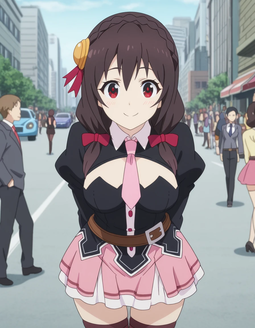 masterpiece, best quality, amazing quality,, <lora:konosuba-yunyun-s2-illustriousxl-lora-nochekaiser:1>, yunyun, black hair, hair ornament, red eyes, bow, braid, crown braid, mature female, breasts, anime screencap, skirt, thighhighs, long sleeves, necktie, belt, clothing cutout, cleavage cutout, pink skirt, pink necktie,, street, cars, buildings, city, people, smile, hands behind back, bent over, looking at viewer, solo,, cowboy shot, solo