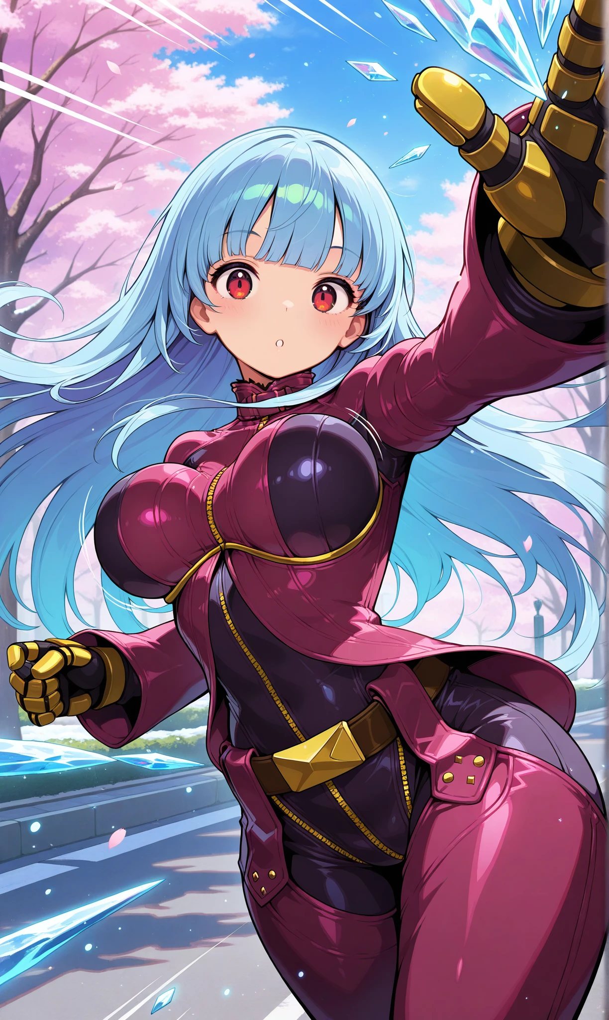masterpiece, best quality, amazing quality, 1girl, solo, street, outdoors, cherry blossoms, cowboy shot, shiny skin, standing, looking at viewer, kula diamond, red eyes, blue hair, blunt bangs, long hair, armored gloves, chaps, zipper, belt, cropped jacket, leather jacket, pink jacket, pink bodysuit, multicolored jacket, multicolored bodysuit, frost, ice particles, reaching out