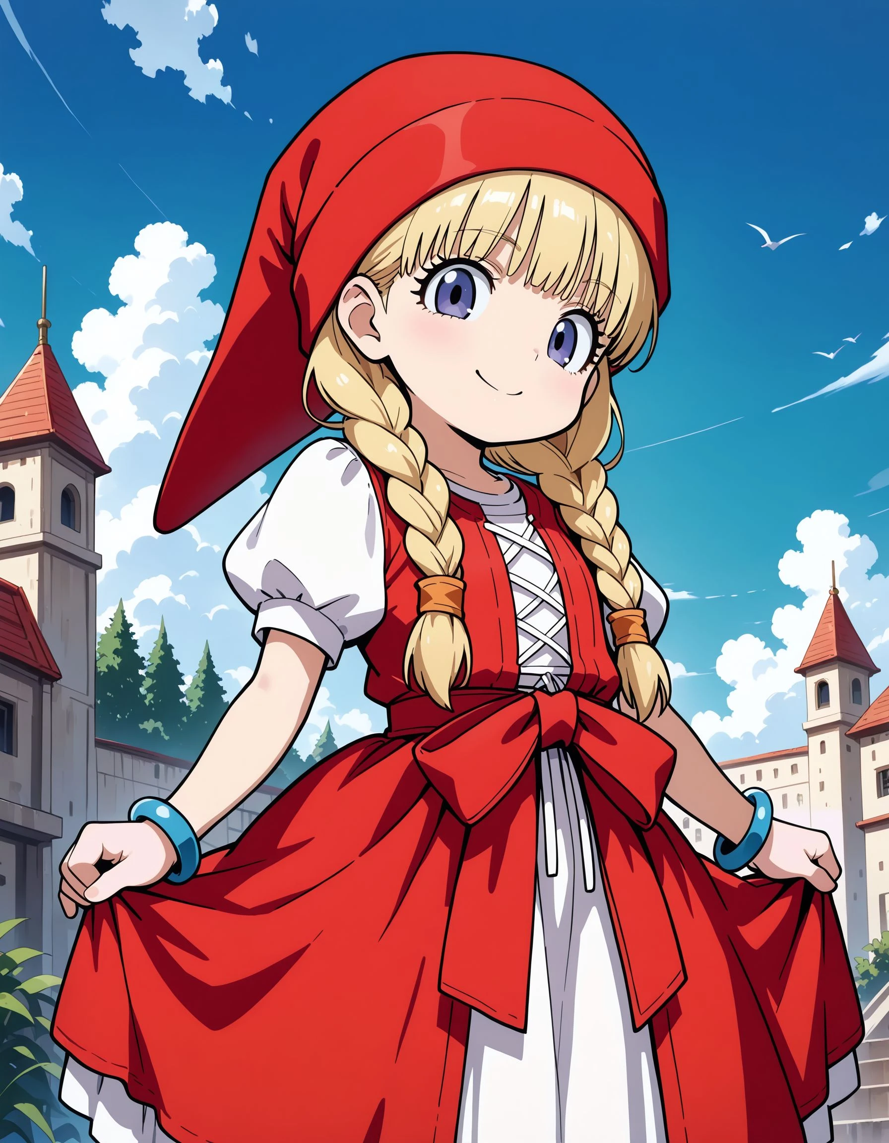 masterpiece,best_quality,1girl,solo,<lora:veronica dq11_illustriousXL:0.8>,veronica dq11,chibi,hat,dress,bracelet,cowboy shot,standing,smile,blue sky,looking at viewer,