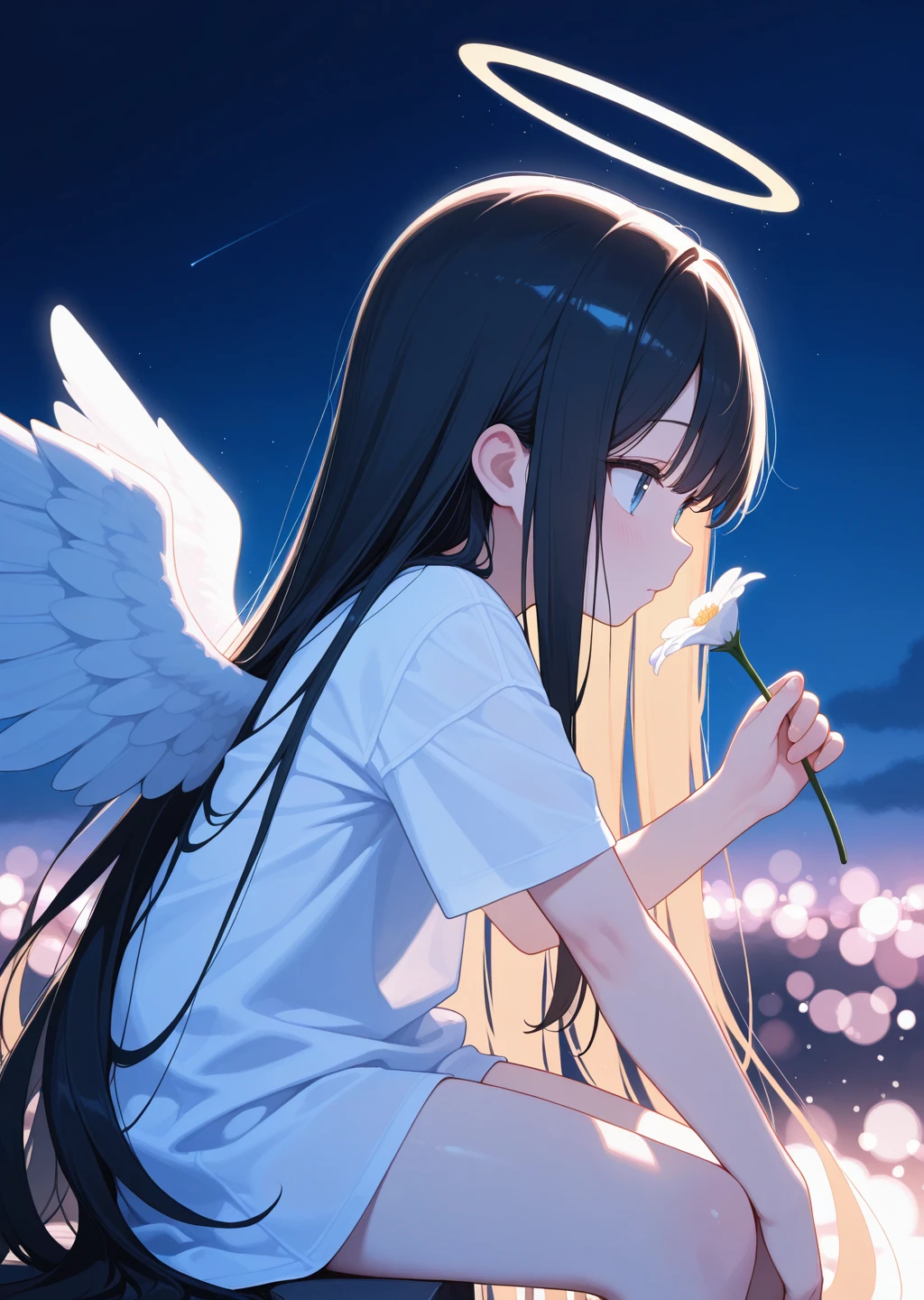 masterpiece,best quality,amazing quality,very aesthetic,absurdres,newest,
halo, 1girl, wings, solo, flower, long hair, angel, sitting, holding, holding flower, angel wings, very long hair, white shirt, sky, night, depth of field, bokeh,light particles, incredibly absurdres, highres, masterpiece,