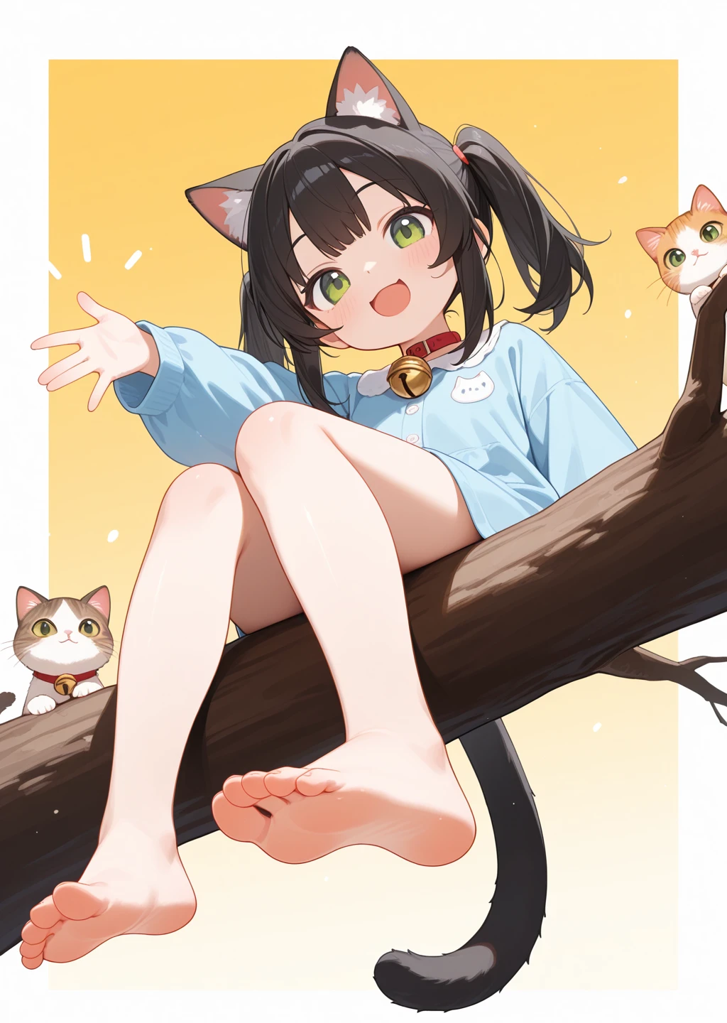 cat_girl,cute face,twintails,neck_bell,looking_at_viewer,happy,waving_arms,sitting on branch,from_below,barefoot,foot_focus,
masterpiece,best quality,amazing quality,very aesthetic,absurdres,newest,