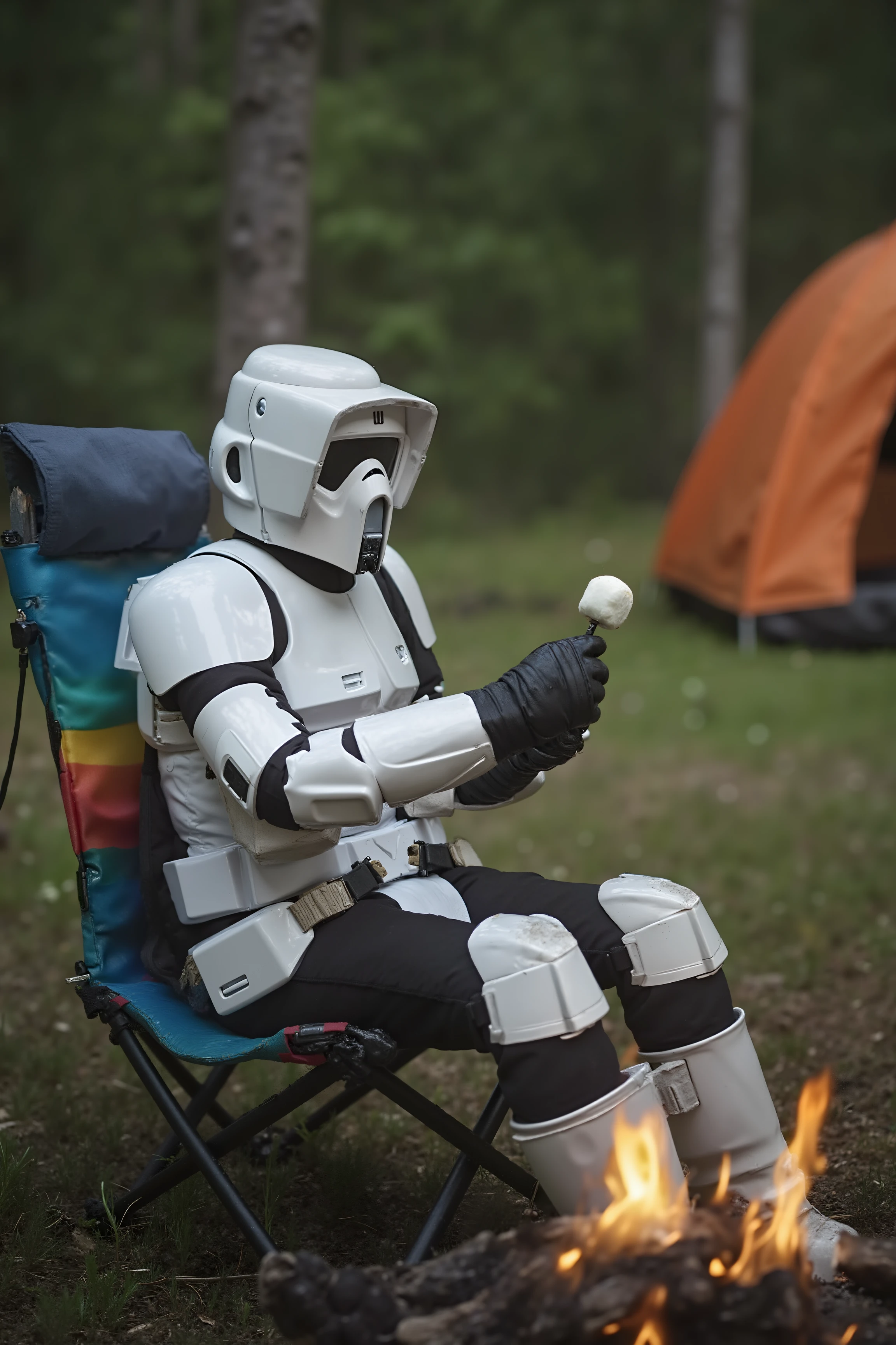 A scout trooper in full gear sits awkwardly in a colorful fold-out camping chair, holding a half-roasted marshmallow on a stick. His pristine white armor is completely out of place in the lush forest clearing, surrounded by a cozy campsite with a pitched tent and a small crackling fire. The trooper remains completely oblivious, staring intently at his marshmallow.<lora:SCOUTTROOPER_FLUX>
