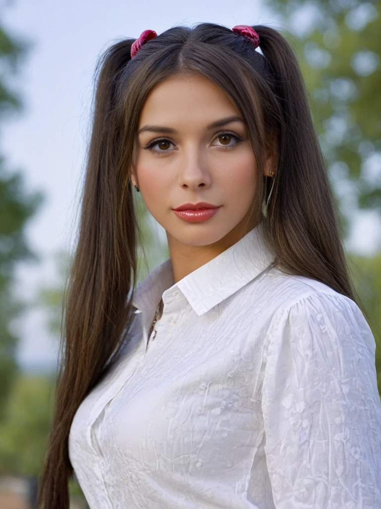 Vaniity, van11ty, <lora:Van11ty-sdxl:1>, 1girl, makeup, lips, long hair, twin tails, white blouse, portrait, solo, looking at viewer, bokeh, focus, film, velvia, artistic, best quality, photograph, focus