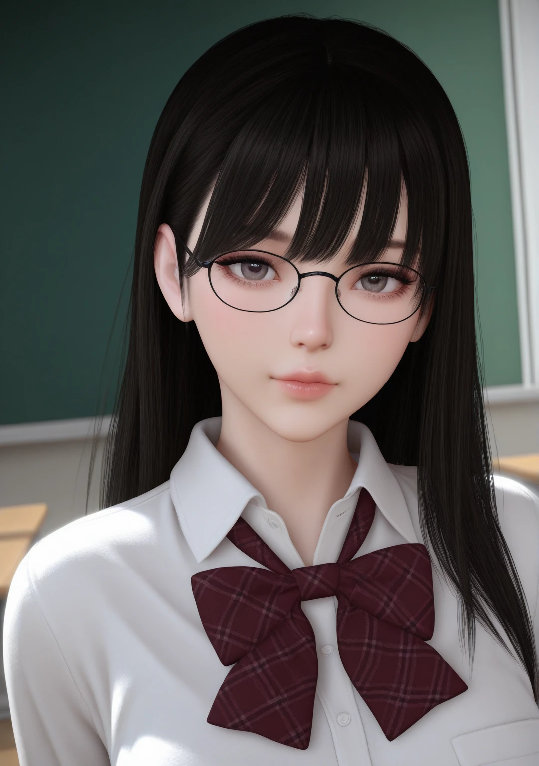 masterpiece,best quality,amazing quality,
1girl,<lora:vamstyle:1>,vamstyle,looking at viewer,classroom,glasses,school uniform,3d,upper body,realistic,