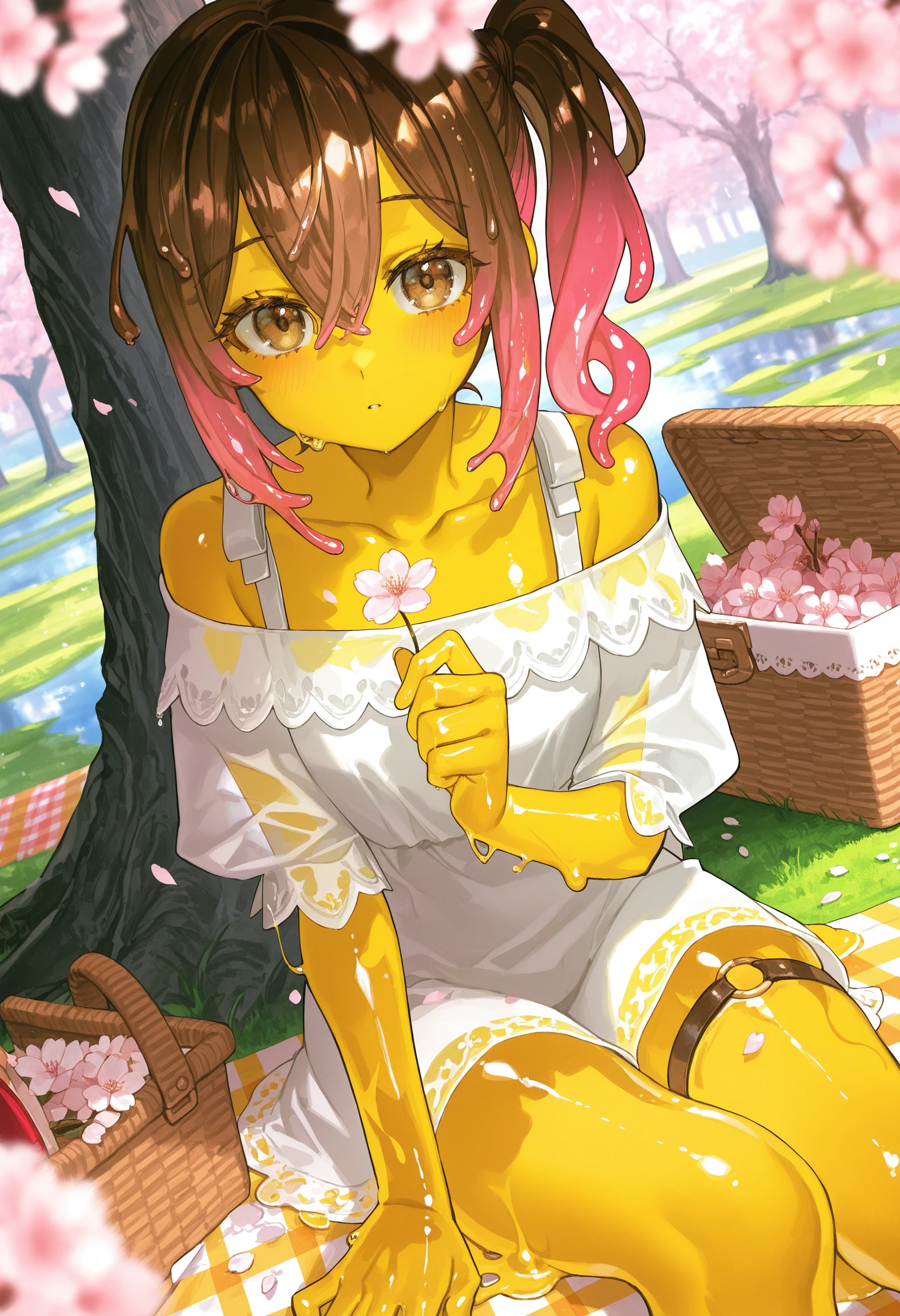 slime girl, artist:[ekrea jan|sakoku \(oyatsu3ji \)|yoneyama mai|fuzichoco|quasarcake],

1girl, slime \(substance\), transparent, see-through, holding flower, yellow skin, brown eyes, liquid hair, pink hair, brown hair, multicolored hair, gradient hair, side ponytail, looking at viewer, blush, collarbone, hair between eyes, thigh strap,

outdoors, puddle, cherry blossoms, blurry foreground, foreshortening, petals, tree, sitting, off shoulder, picnic basket,

masterpeice, best quality, very aesthetic, absurdres