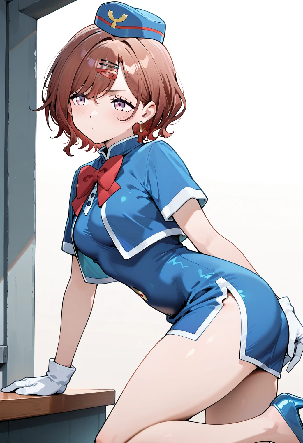 A Female mechabare robot exposes her inside mechanic organ, spread legs, nude, banzai pose. she wears no dress. Her Brown short hair is tied with two big red clothespins, She lifts up the under hem of her white plain dress, leaning over, masterpiece, very short pigtails,brown hair, mature, android, blue eyes, full body figure, Height: 160cm, flushed cheeks, 2020s anime picture, A beautiful robot with short brown hair in two short pigtails held up by two very large huge red clothespins, Uplifting, No NSFW, whole body, barefoot, archaic smile, getting orgasm, 25 years old, sweat bucket. short sleeve shirt, pleated skirt, skirt lift, no panties, genitals visible, full body shot, sexy face. between mirrors, floating hair, looking away. She wears hot pants. She has broken hardly by enemy.