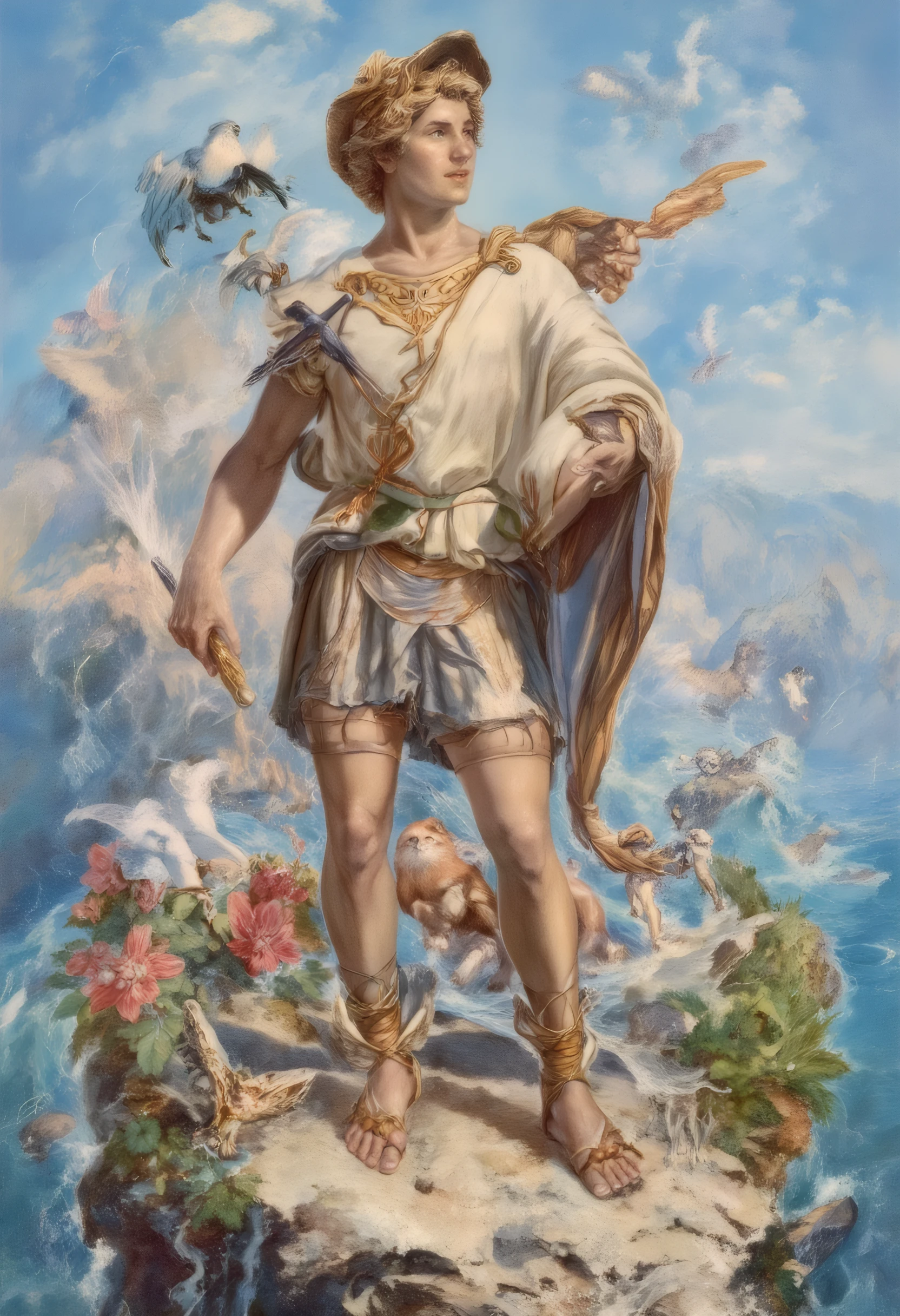 Apollo with shine coming from his back, Hades with a decay behind his back, Hades is next to Apollo, the background is a temple with philosophical symbols.