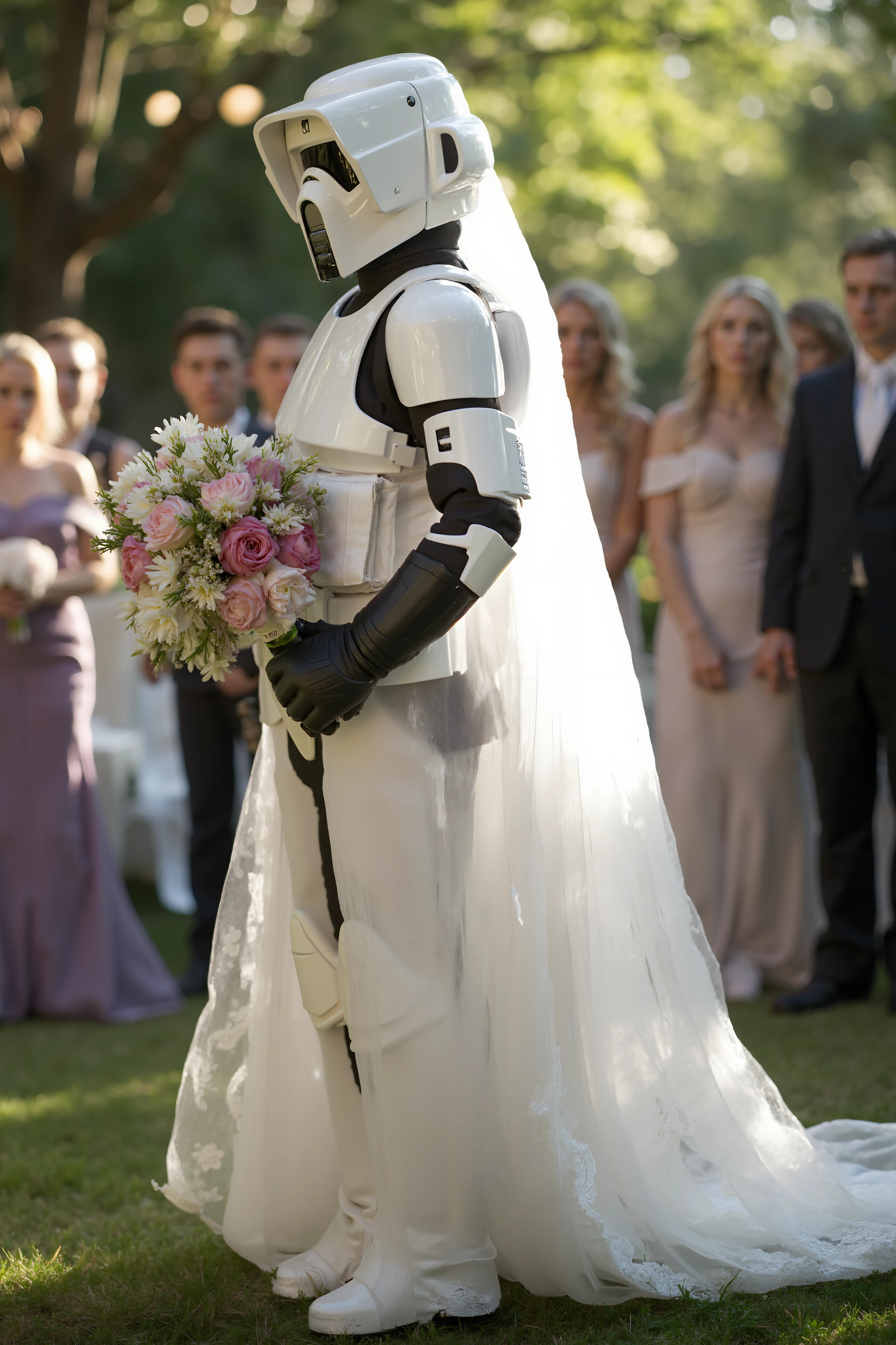 A scout trooper stands at the altar of an elegant outdoor wedding, draped in a flowing white bridal gown with an extravagant lace veil trailing behind him. A bouquet of vibrant flowers is clutched tightly in his gloved hands, and his visor reflects the stunned expressions of the guests in attendance. The sheer contrast of the armored trooper and the delicate dress makes the scene utterly surreal. <lora:SCOUTTROOPER_FLUX>
