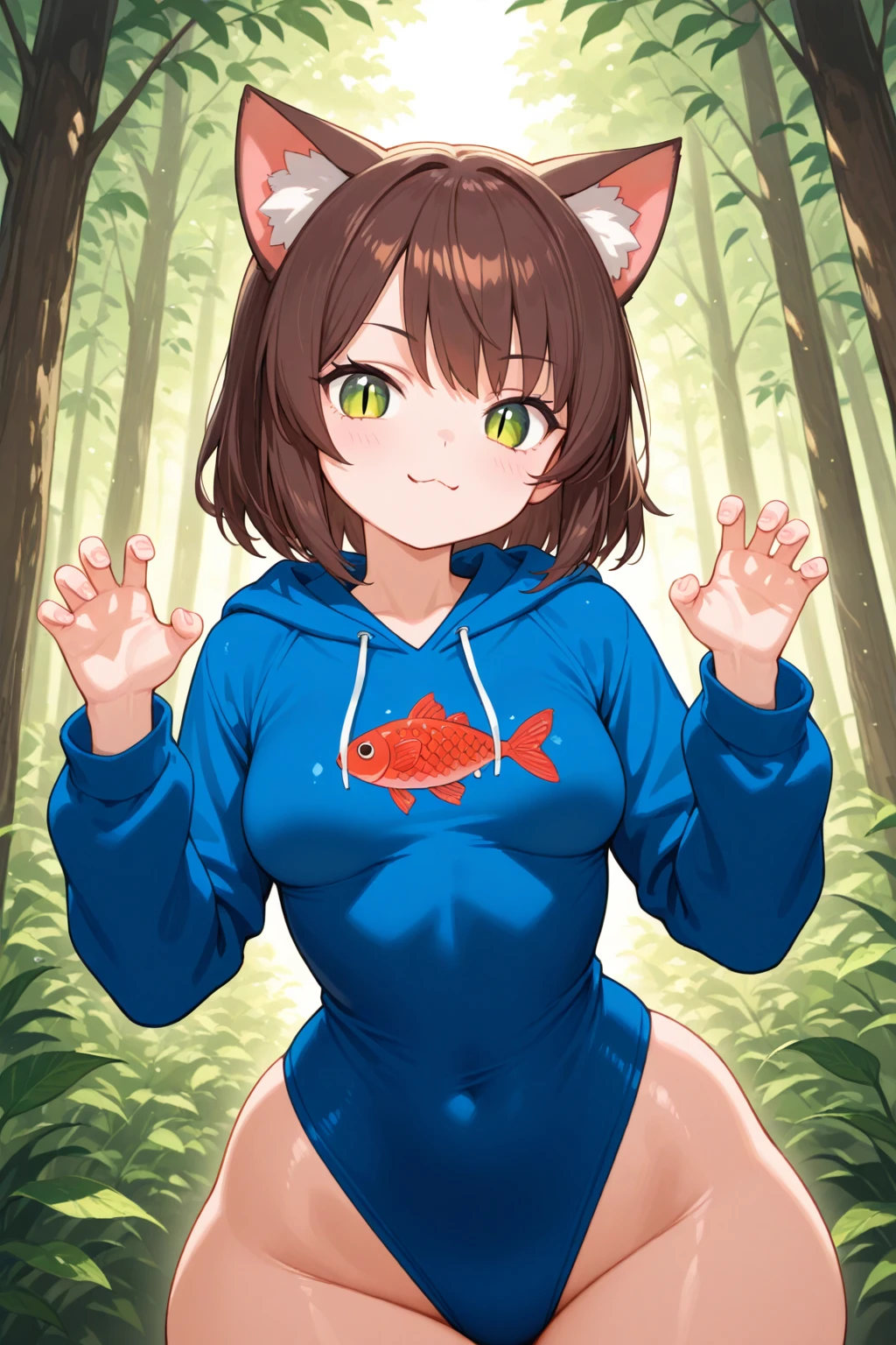 1girl, solo, hoodie leotard, <lora:Hoodie Leotard Illustrious1:0.6>, (wide hips), fish print, :3, slit pupils, claw pose, small breasts, brown hair, medium breasts, outdoors, nature, cat ears