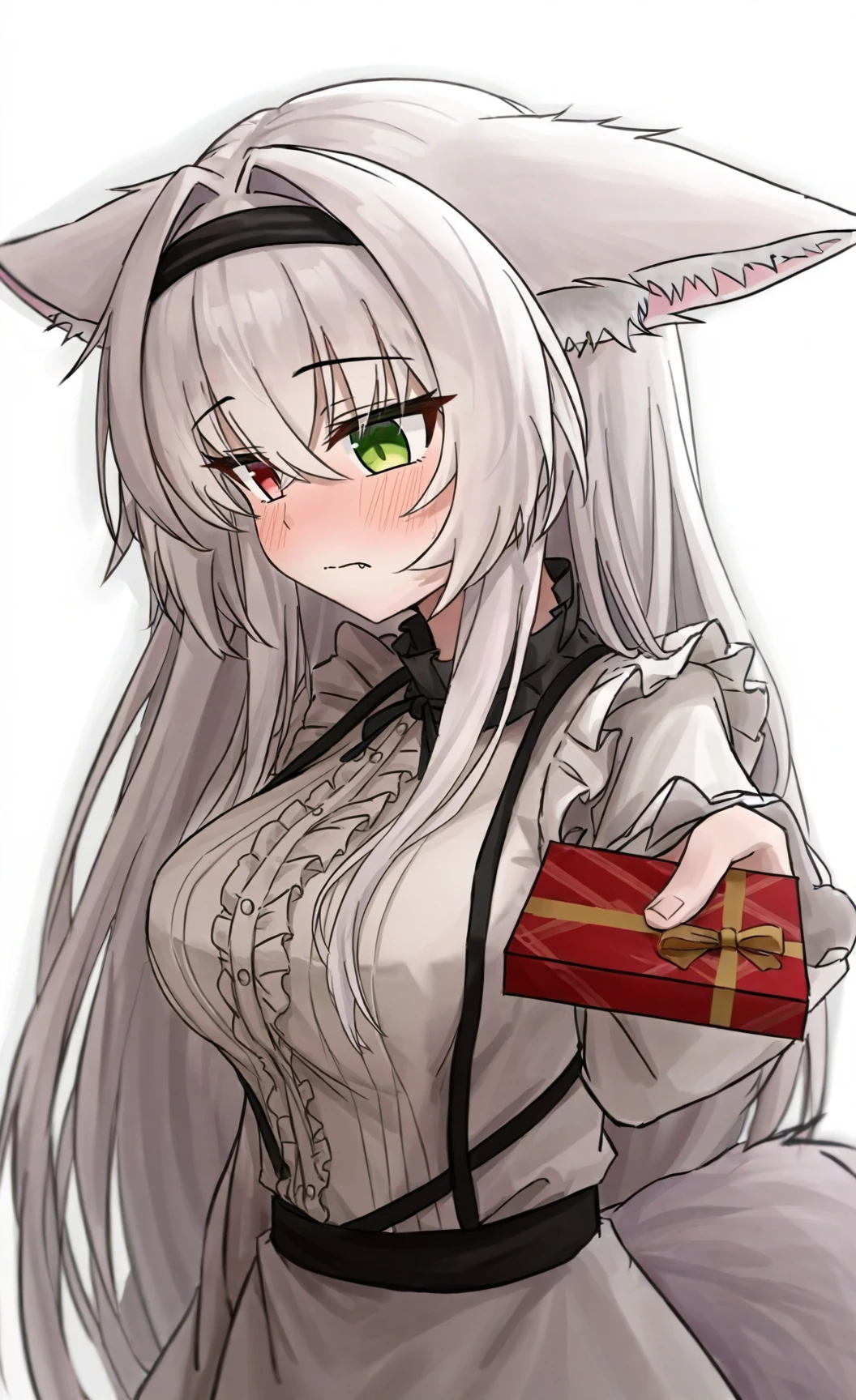 doumu, 1girl, solo, blush, hair intakes, closed mouth, facing away, black headband, long hair, crossed bangs, green eyes, heterochromia, red eyes, white hair, fang, fox ears, center frills, fox tail, medium breasts, incoming gift, holding gift, white background, <lora:TIAV10_AutoTagged_P3:1>