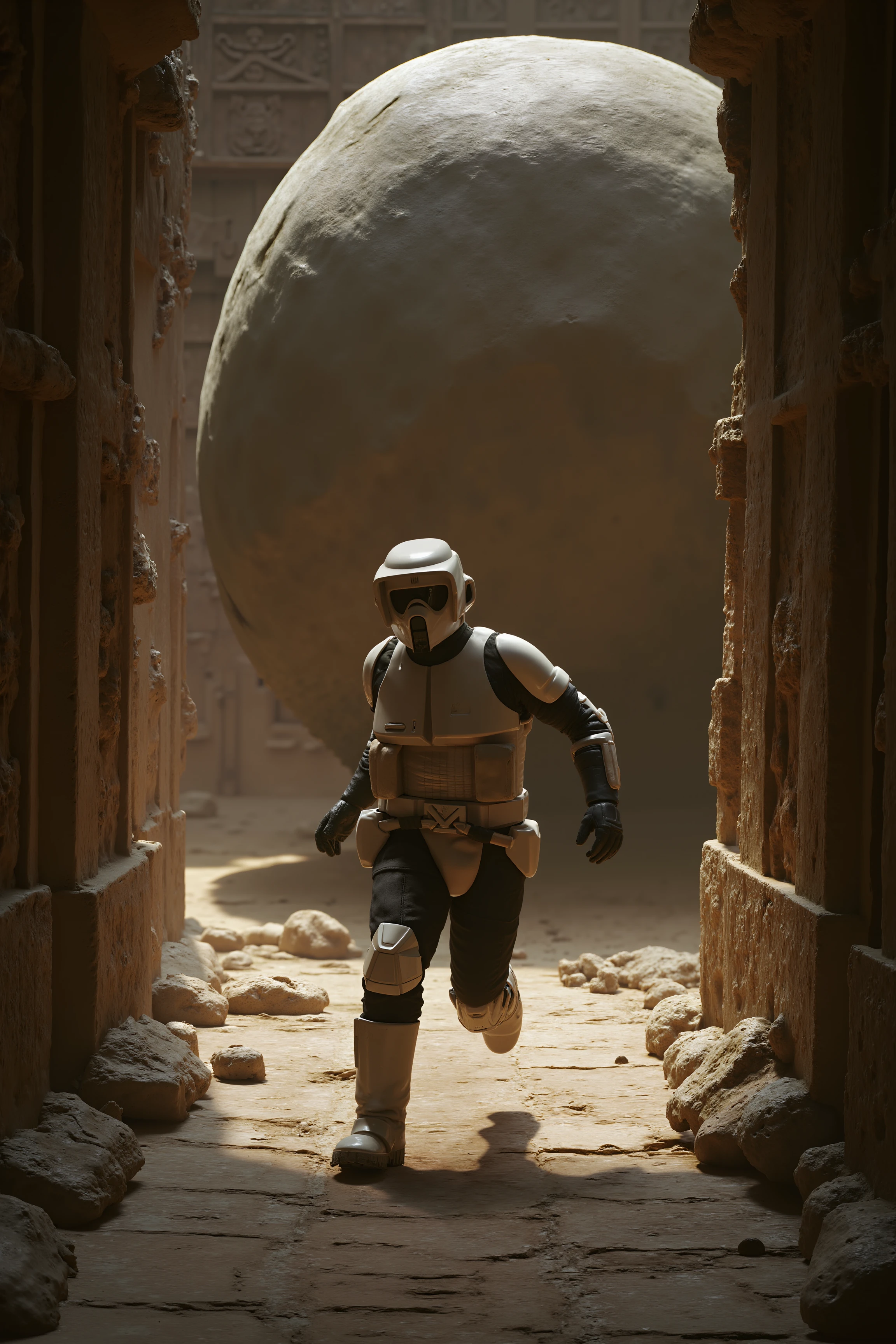 A scout trooper sprints down an ancient temple corridor, his arms pumping as an enormous stone boulder barrels toward him from behind. The walls around him are covered in intricate carvings and flickering torchlight, while broken tiles crack beneath his boots. His helmet is slightly tilted forward, reflecting the massive rolling obstacle that threatens to crush him.<lora:SCOUTTROOPER_FLUX>
