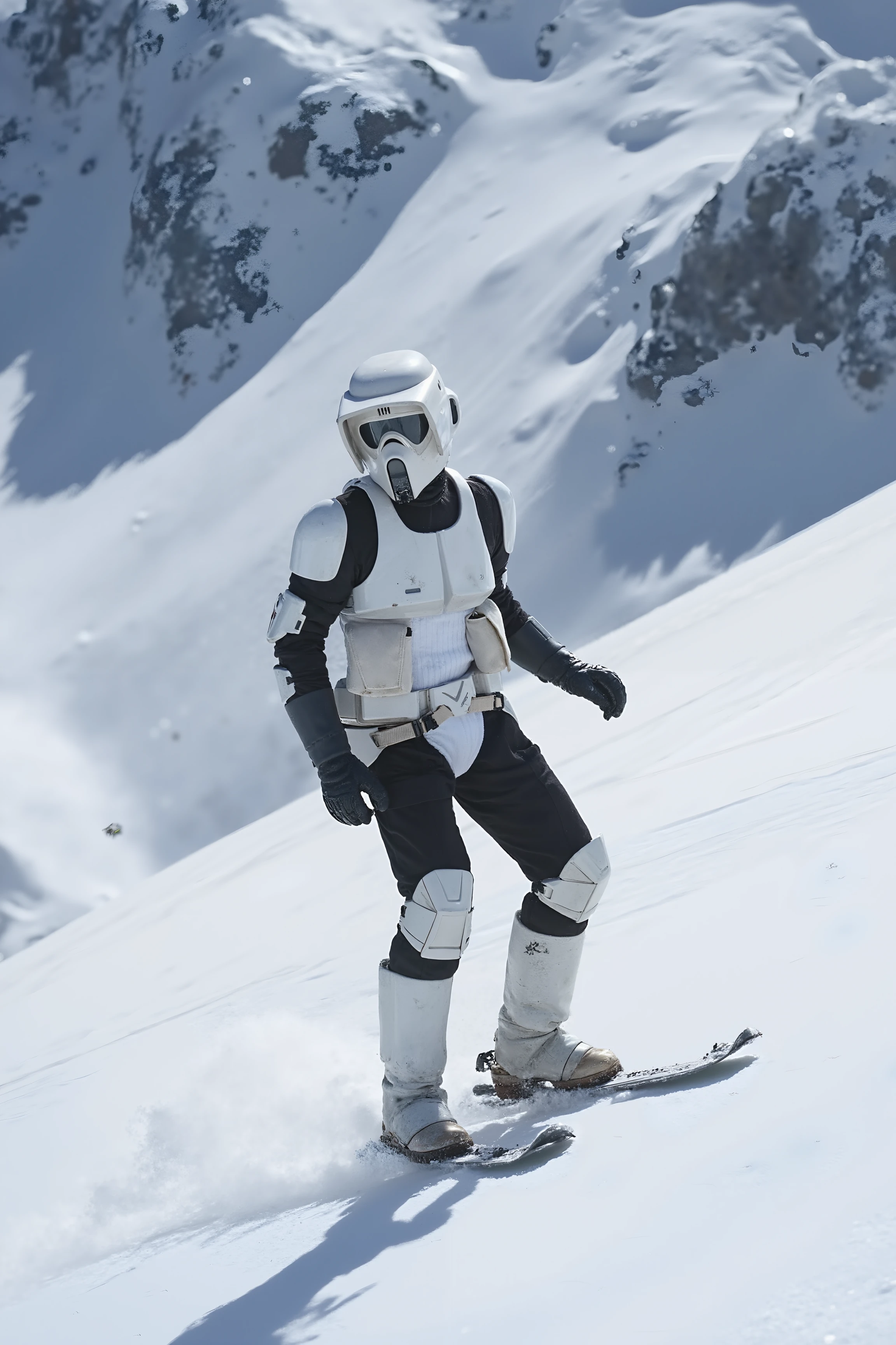 A scout trooper carves through fresh snow on a pair of skis, his white armor blending into the snowy landscape. His knees are bent, arms outstretched for balance, while a trail of powder kicks up behind him. The jagged peaks of the mountain rise in the background, their shadows stretching across the slope. His visor reflects the dizzying descent ahead, where a cluster of trees looms dangerously close.<lora:SCOUTTROOPER_FLUX>