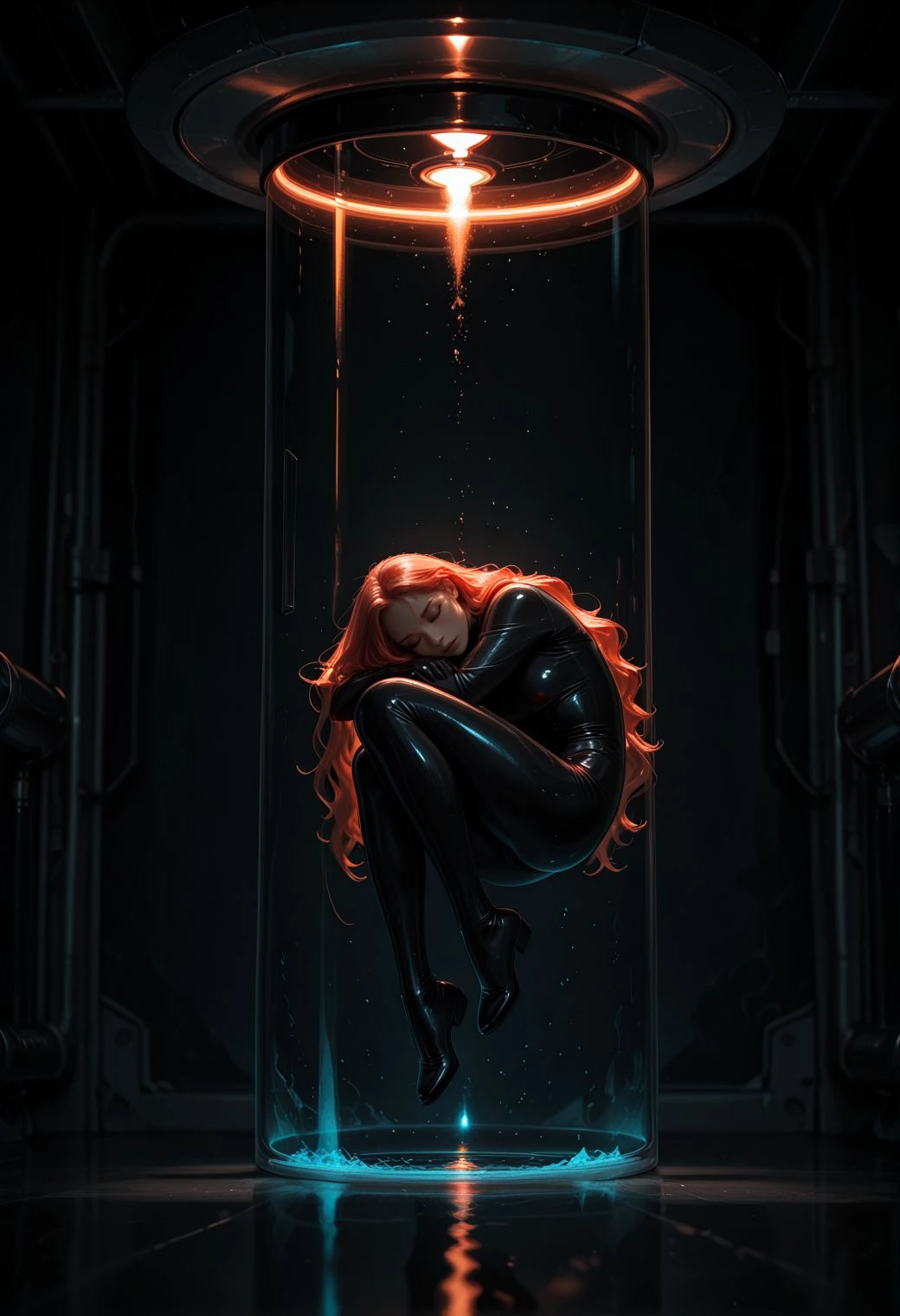 Smooth_Quality, futuristic sci-fi scene. 1girl, midair, floating inside a large glass water tank cylinder full of water, intricate futuristic design, wearing sleek black suit, metallic body armor, long flowing hair, loose wavy hair, sleeping peacefully, dark and ominous background with a faint laboratory visible through the glass, cinematic lighting, neon accents, dystopian mood,<lora:Smooth_Booster:0.5> <lora:SLE_v2:-1>