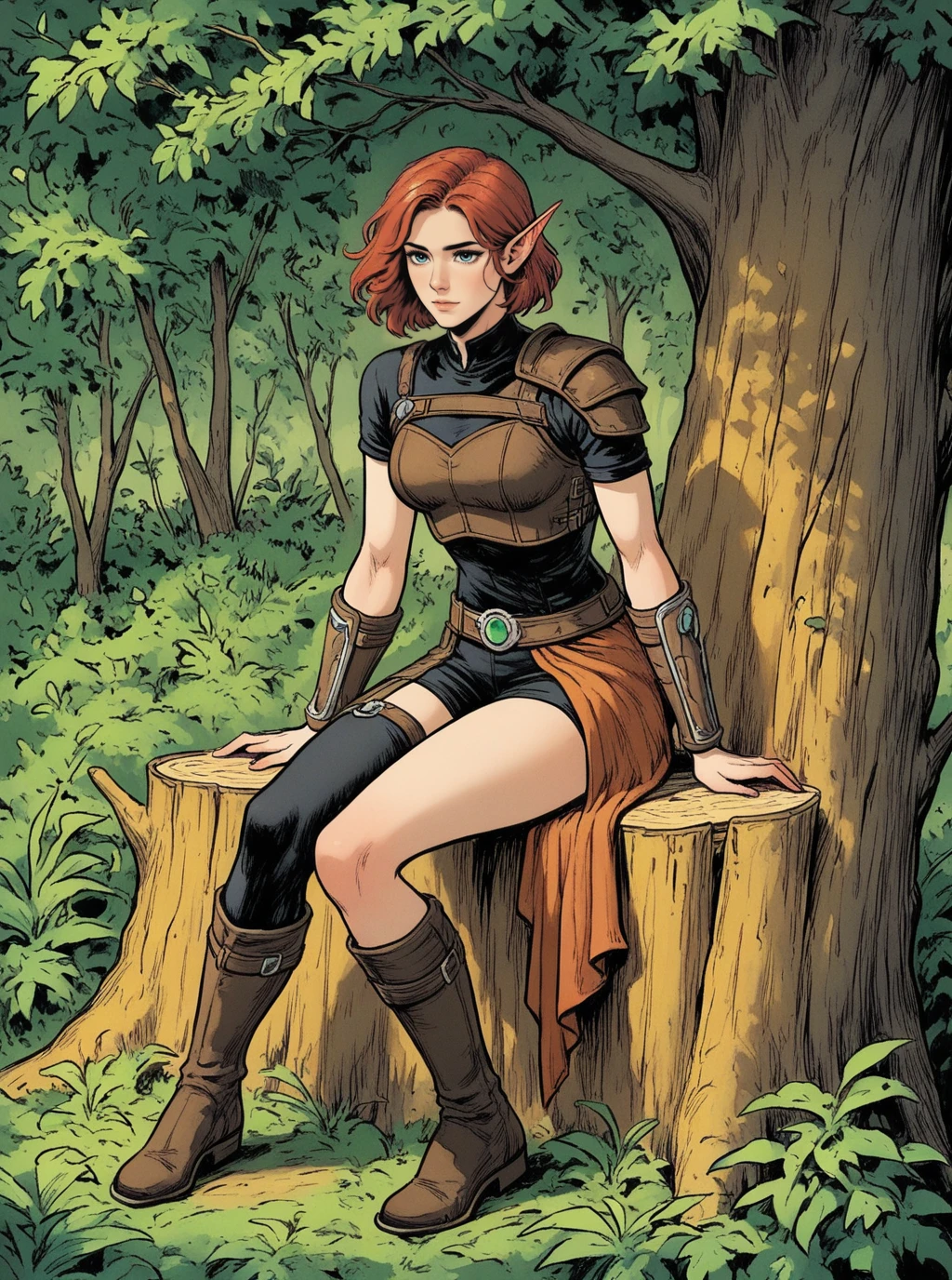 sref224194394, beautiful elf ranger girl sitting on wooden log in the woods, full body, leather armor, short red hair, leafs particles, legwear, boots, short sleeves, bracers, asymmetrical clothes, solo <lora:sxz-sref224194394:0.8>