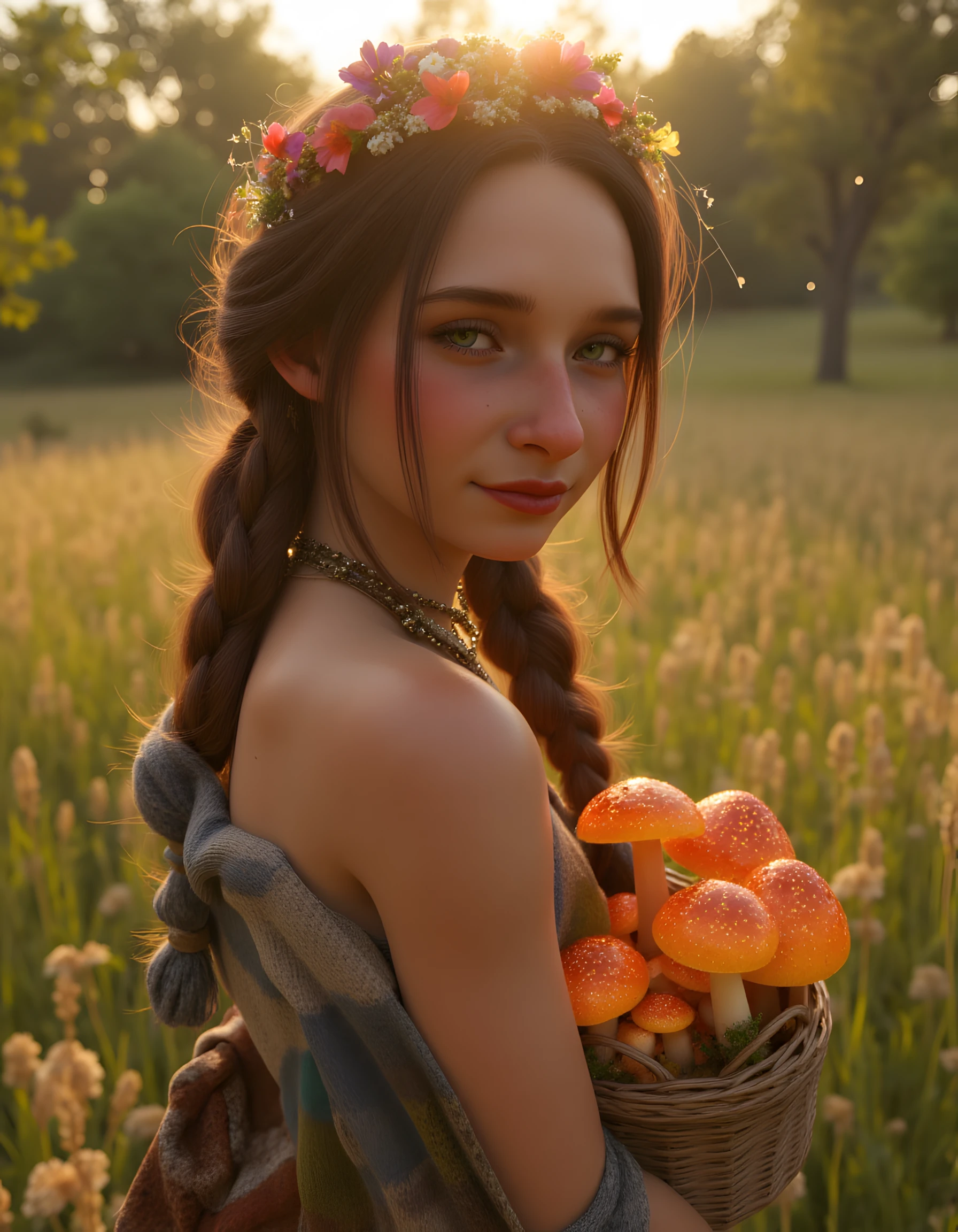(whimsical cottagecore:1.3), freckled woman with wildflower braids, barefoot in a meadow, holding a basket of glowing mushrooms, (fireflies forming a crown:1.4), oversized knit sweater slipping off one shoulder, golden hour warmth, (dreamy bokeh:1.2), art by Agnes Cecil and Teresa Freitas, (playful smirk:1.1), Ay0st Style