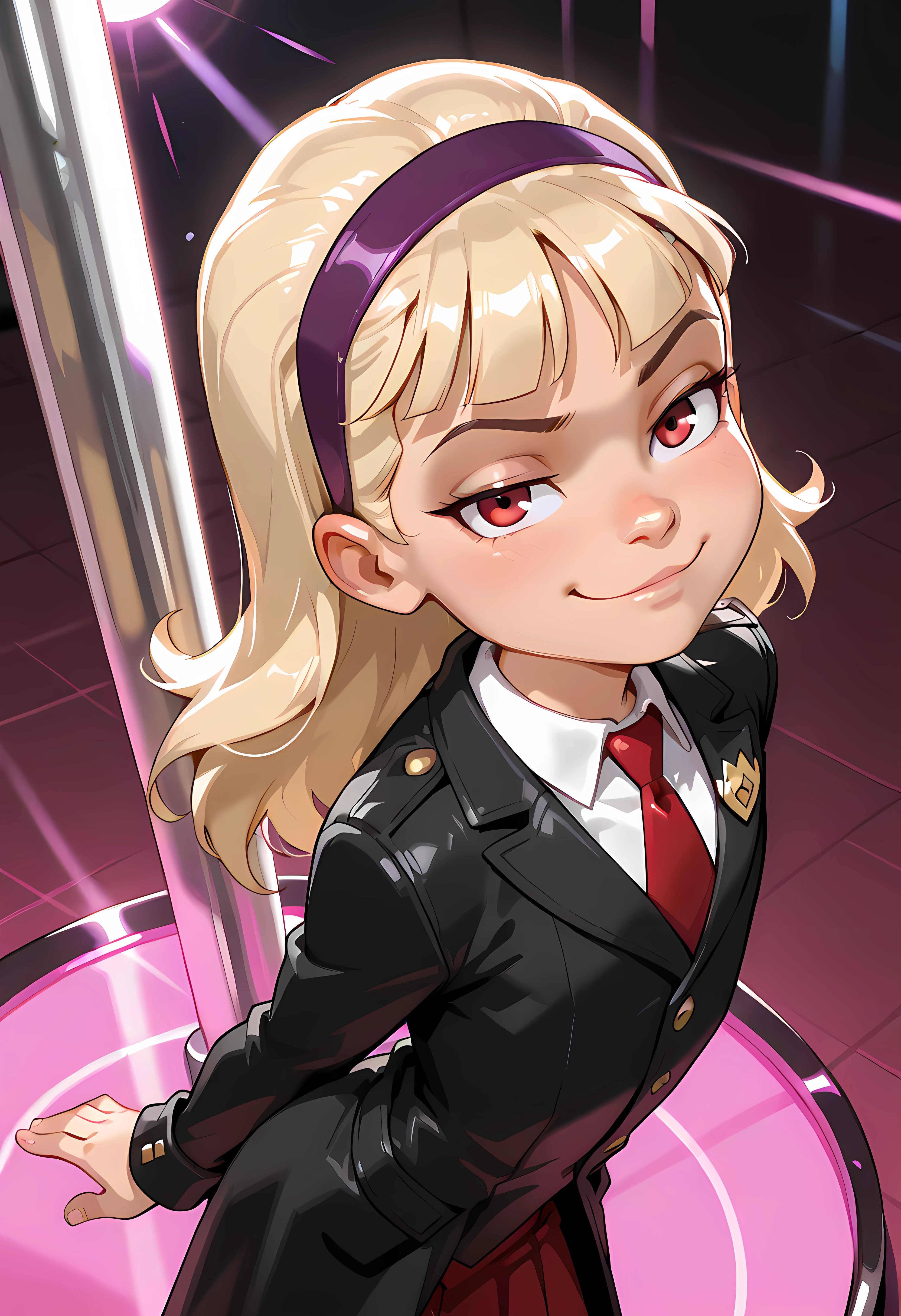 , BREAK, DC__Young_Justice_Child, 1girl, blond hair, red eyes, purple hairband, white shirt, black coat, red tie, insignia on coat, smug smile, looking up at viewer, from above, arched back, cowboy shot, solo, stripper, stripper pole,, child <lora:justice_girl_childILL:1>, (portrai shot, upper body)