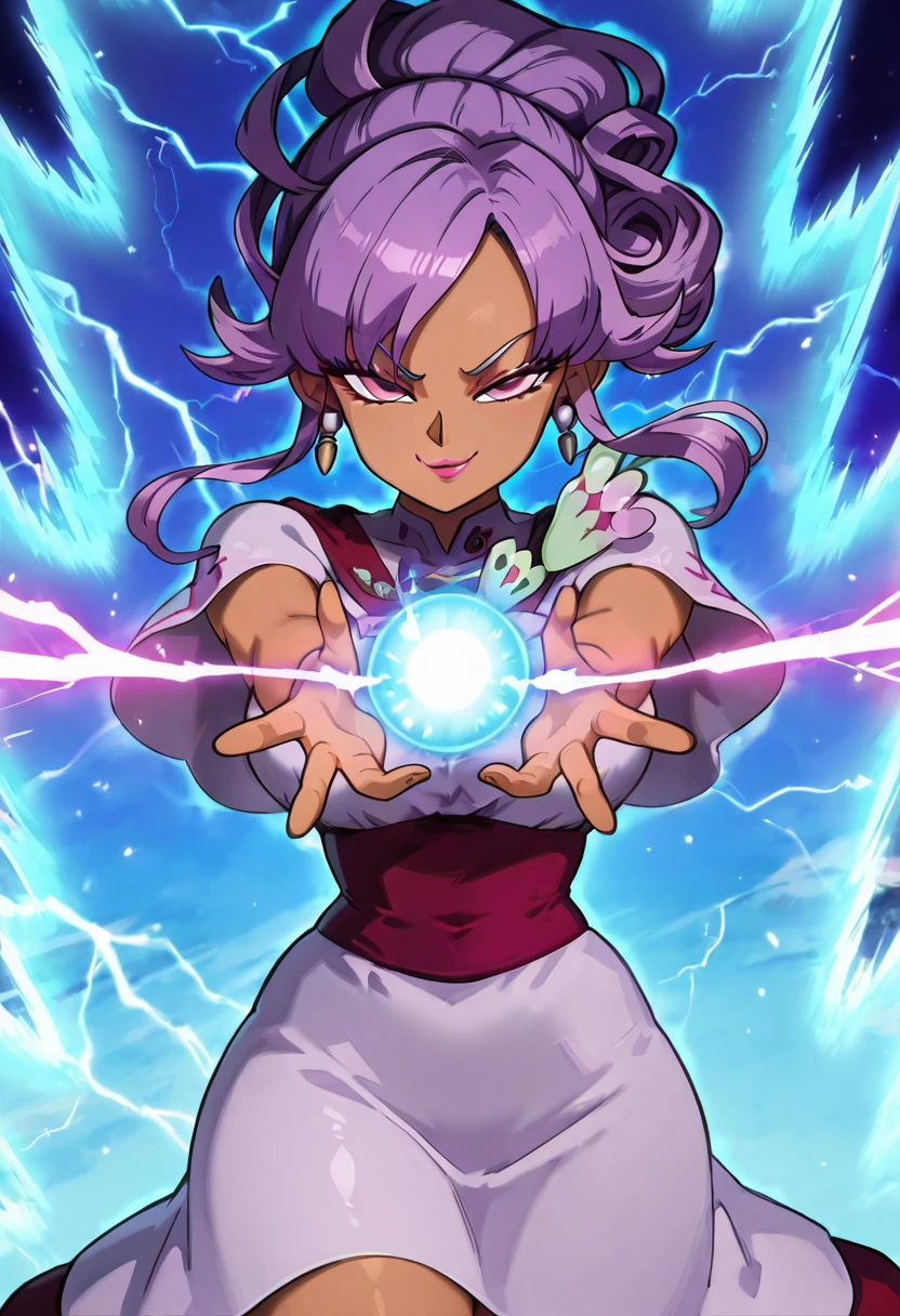 masterpiece, best quality, solo, curvy, beautiful eyes,    zzTulip, purple eyes, purple hair, dark skin, dark-skinned female,  jewelry, earrings, dress, makeup, lipstick,  ,<lora:TulipPokemon_IXL:1.0>, ,vivid aura, looking at viewer, blue background, smug, aura, super saiyan, charging energy, energy ball, energy, lightning, <lora:DBSBroly_Style_IXL_v2:0.6>,