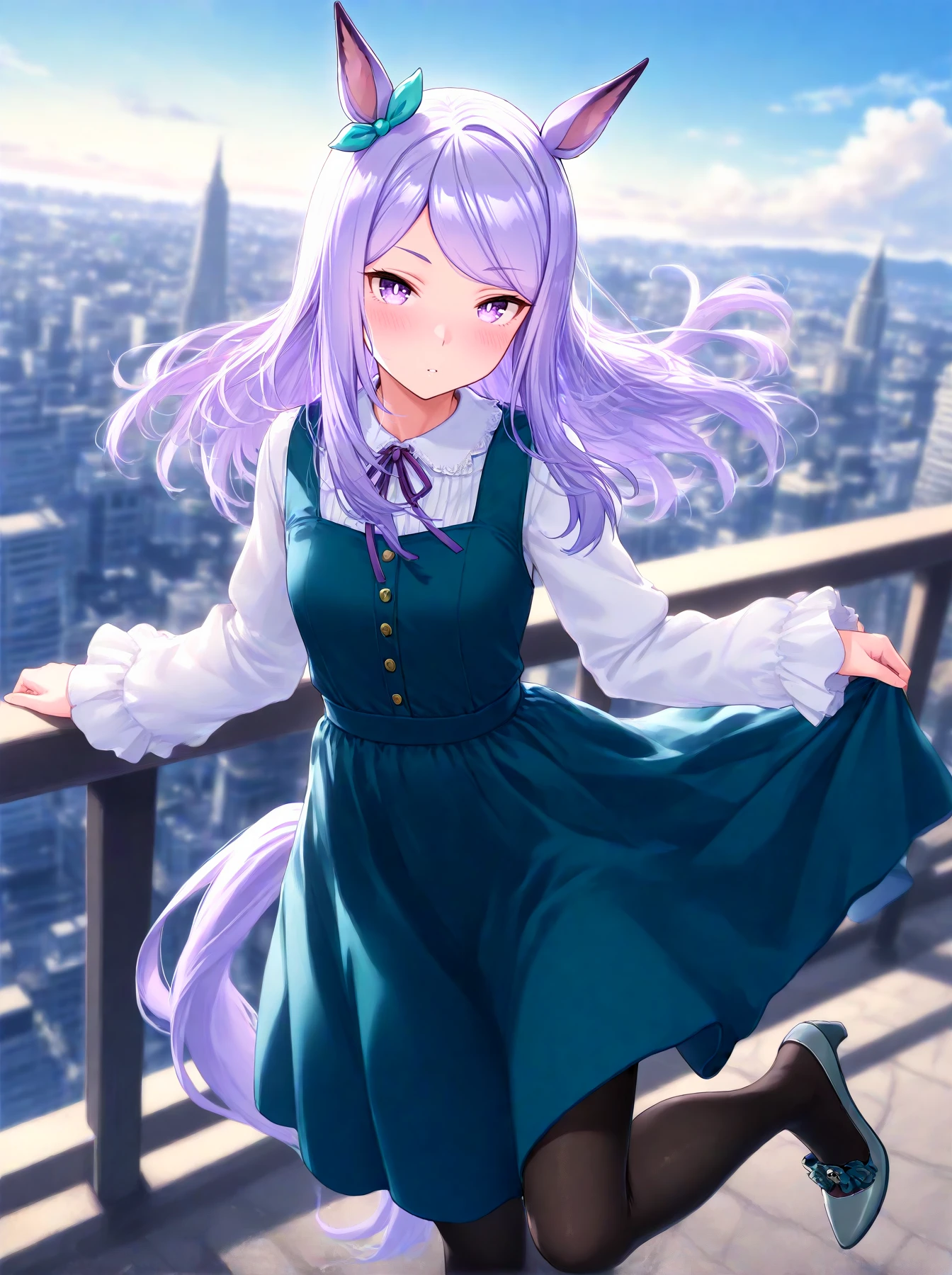 masterpiece, best quality, absurdres,ultra detailed,floating hair,
mejiro mcqueen\(umamusume\), 1girl, horse ears, long hair, horse tail, black pantyhose, looking at viewer, long sleeves, ear ribbon, grey pumps, blush, casual, blue green pinafore dress, white collared shirt, purple neck ribbon
cloud, sky, outdoors,cityscape,
depth of field,
<lora:ILL_mejiro_maqueen_ver1.0-3:0.8>