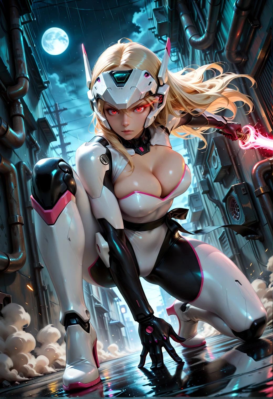 SmoothNoob_Quality, (chromatic aberration:1.2), (impressionism:1.1), dynamic composition, high contrast, 1girl, solo, android, glowing red eyes, multiple mechanical arms, mechanical legs, long hair, skindentation, cleavage, white waist sash, white visor, white assault visor, white bodysuit, white armored leotard, glowing purple trim, neon trim, white footwear, boots, high heel boots, dust, (full body:1.1), (sparks:1.1), (glowing weapon:1.2), superhero landing, dynamic pose, face focus, looking at viewer, v-shaped eyebrows, fighting stance, motion lines, eye trail, industrial background, industrial pipes, alley, rain, moon light, (soft lighting:1.1), stars, cinematic angle, dynamic angle,