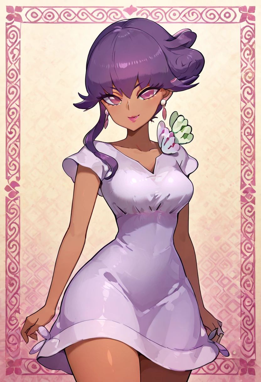 masterpiece, best quality, solo, curvy, beautiful eyes, zzTulip, purple eyes, purple hair, dark skin, dark-skinned female, jewelry, earrings, dress, makeup, lipstick, ,<lora:TulipPokemon_IXL:1.0>, , smile, looking at viewer, cowboy shot, <lora:DiivesIXL:0.8>,